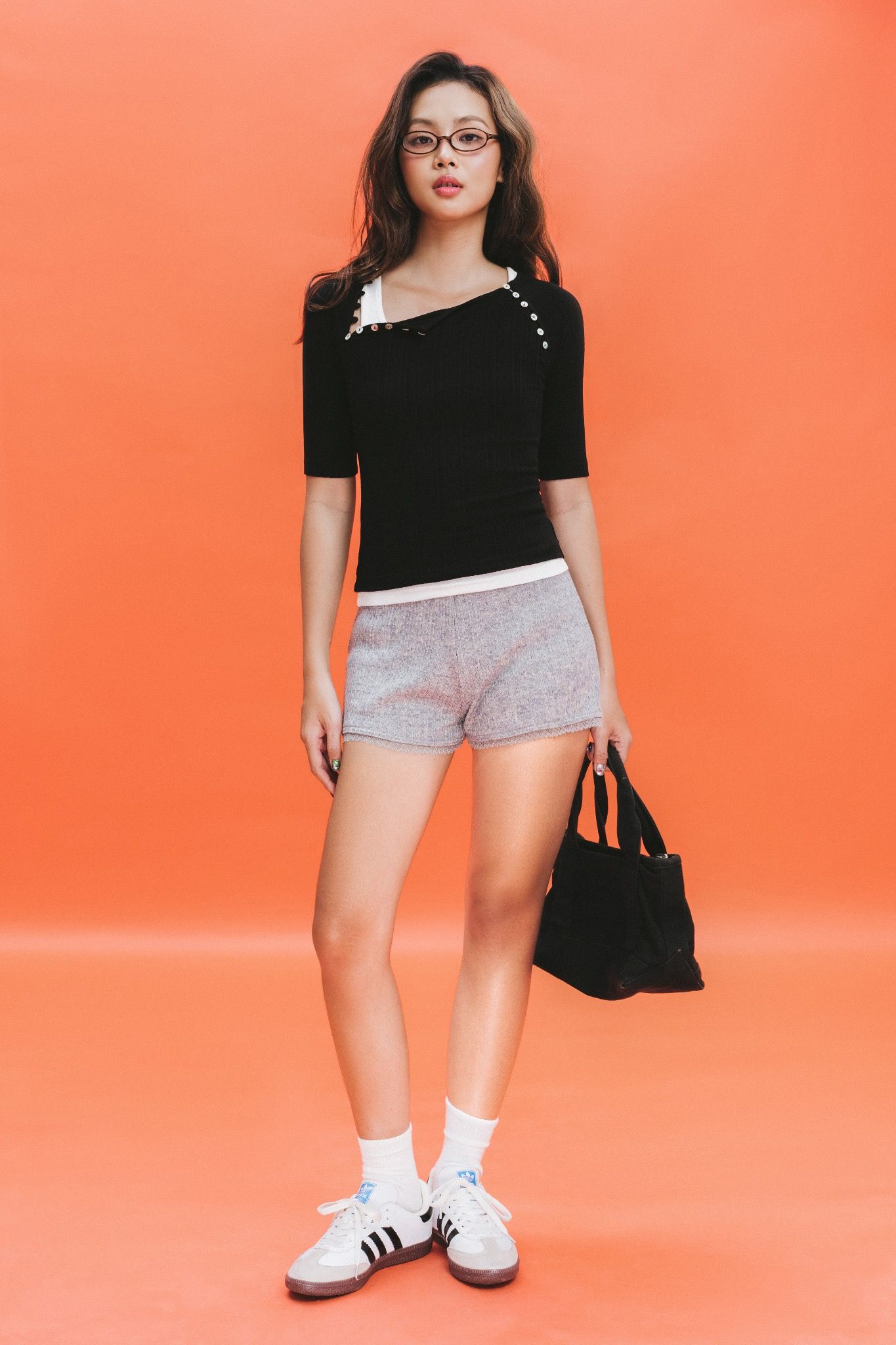 Black Buttons Ribbed Raglan Sleeve Top