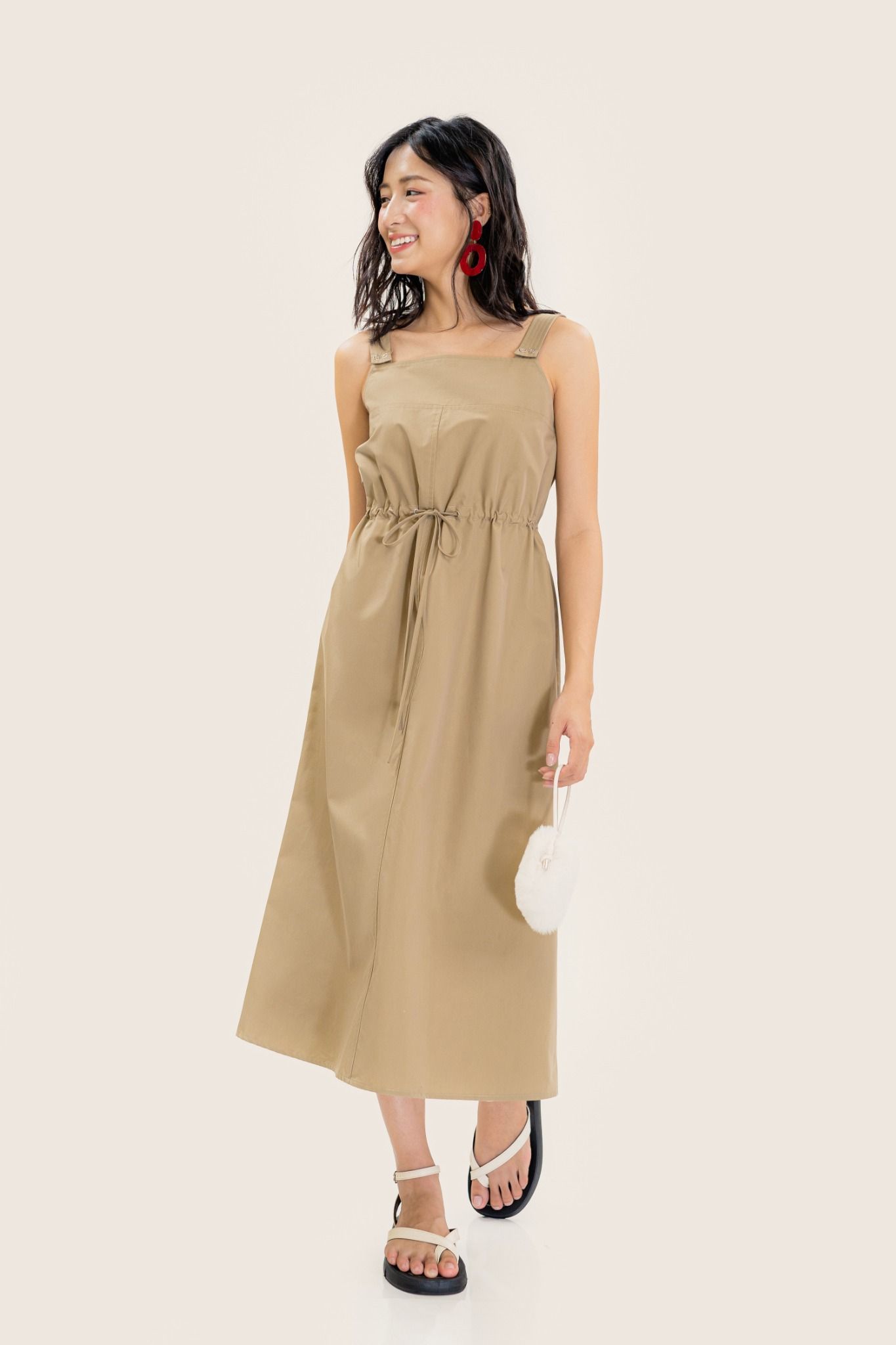  Beige Ruched Midi Dress 