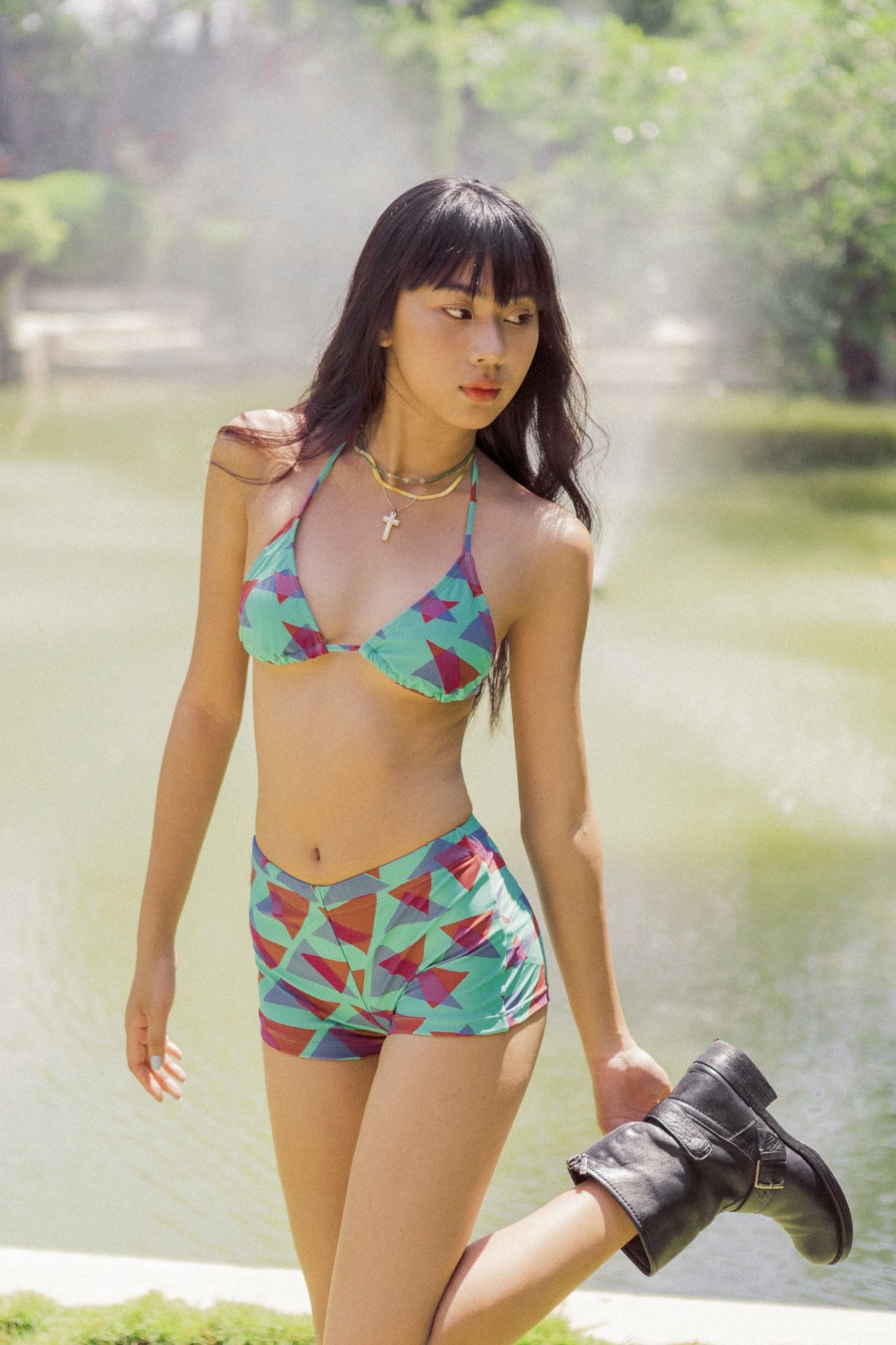  Green Triangle Printed Bikini Shorts Set 