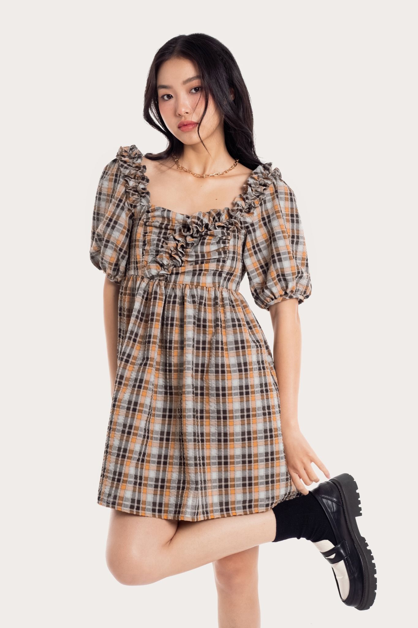  Checked Ruffle Babydoll Dress 