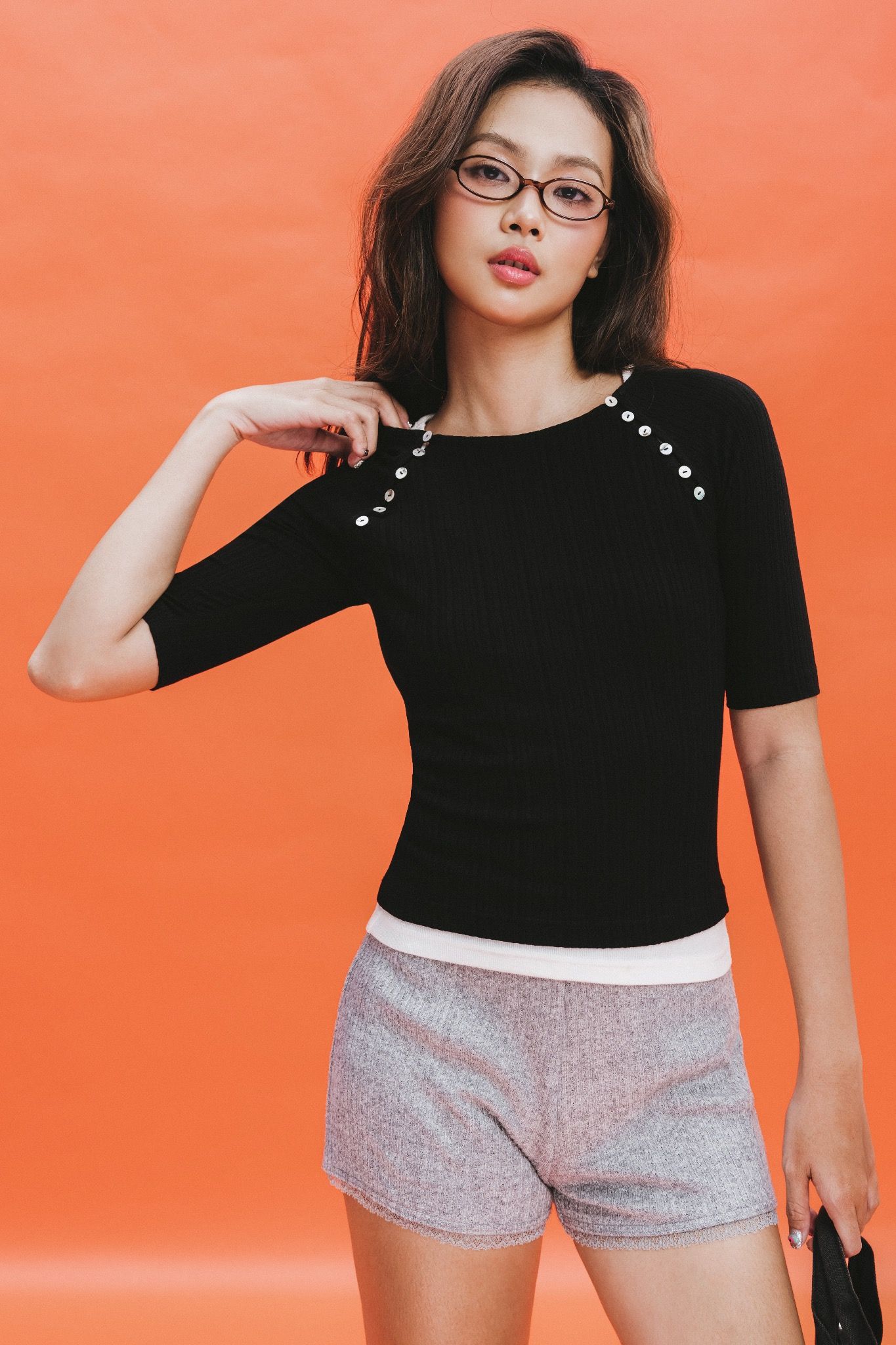 Black Buttons Ribbed Raglan Sleeve Top