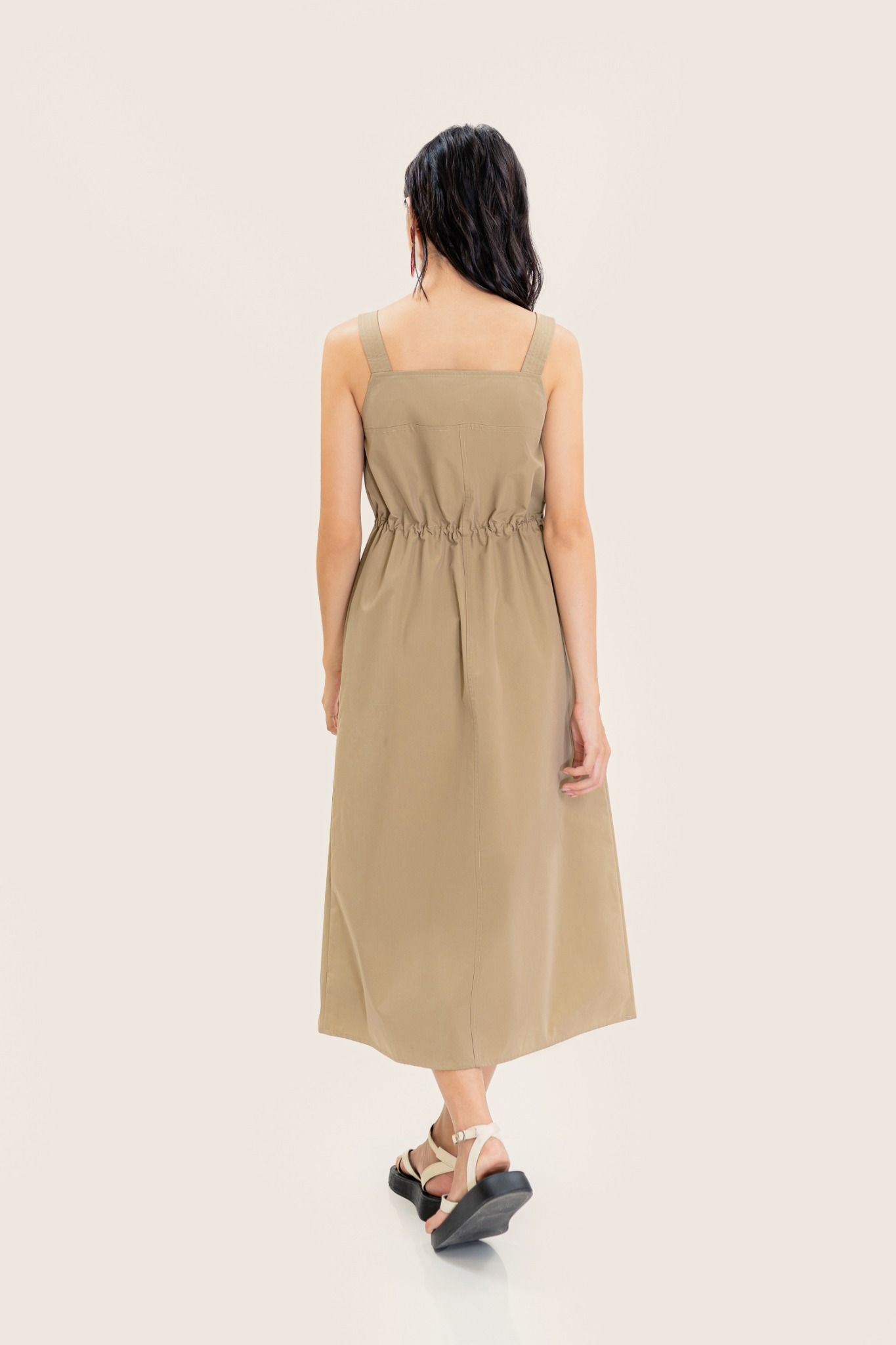  Beige Ruched Midi Dress 