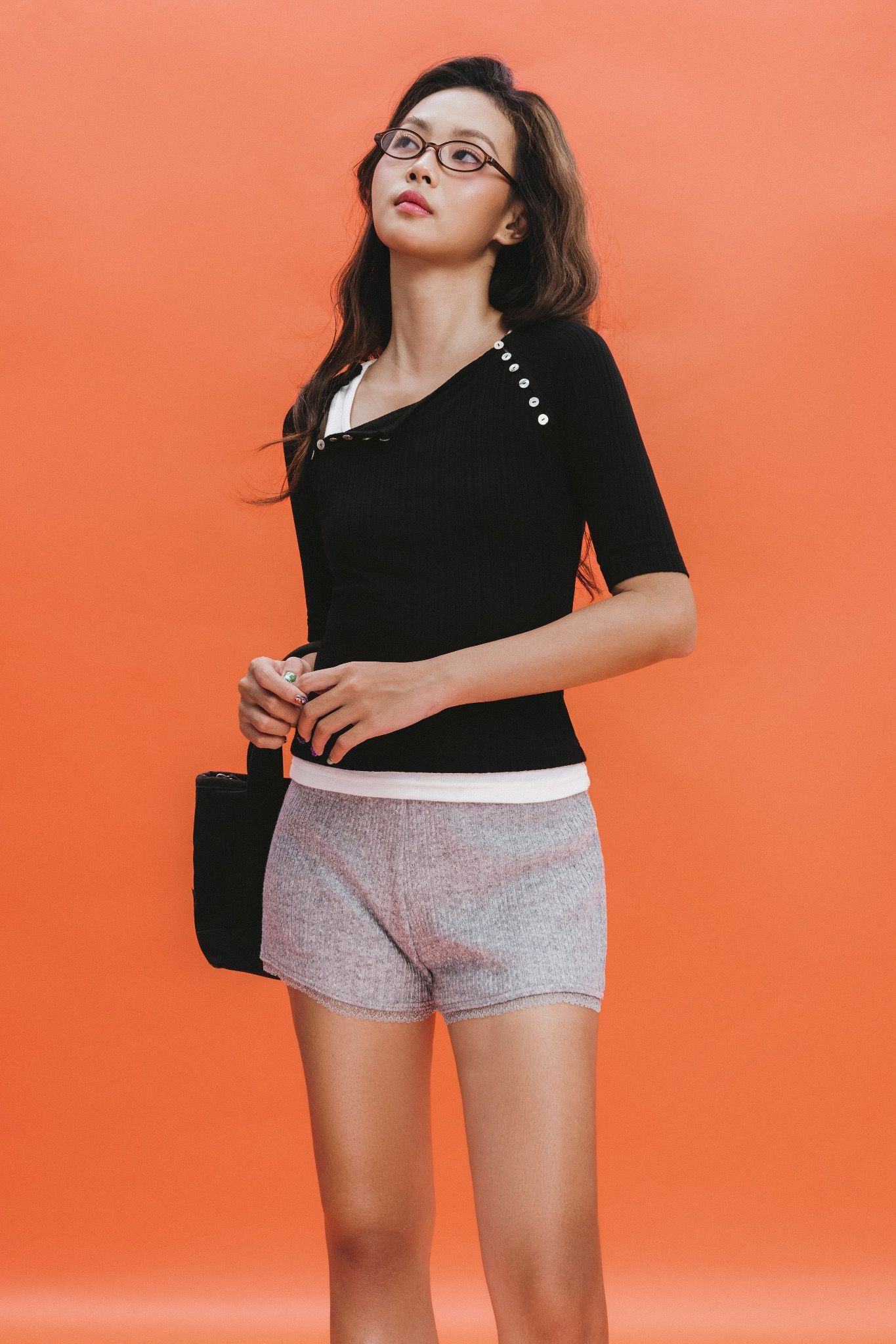 Black Buttons Ribbed Raglan Sleeve Top
