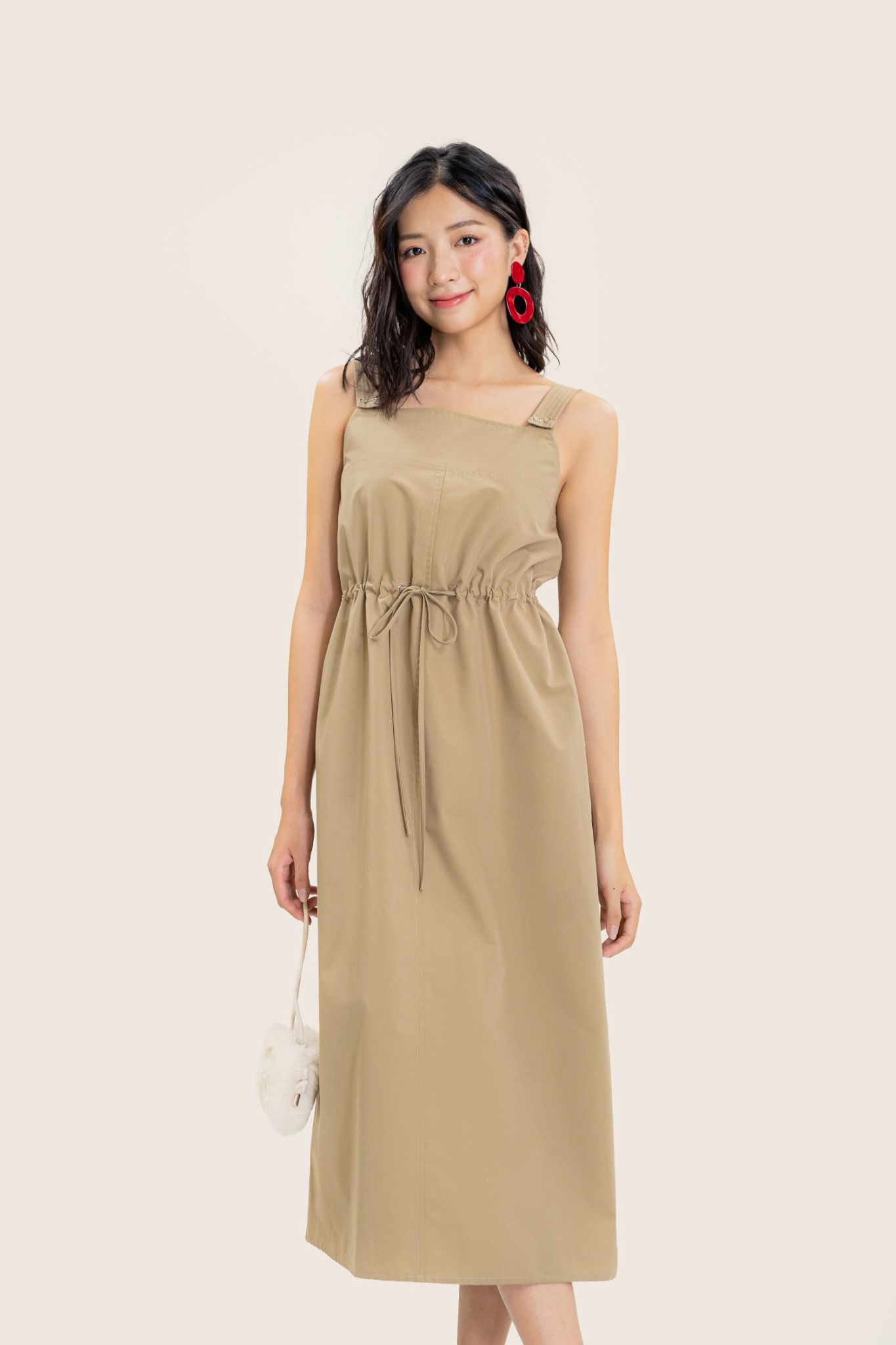  Beige Ruched Midi Dress 