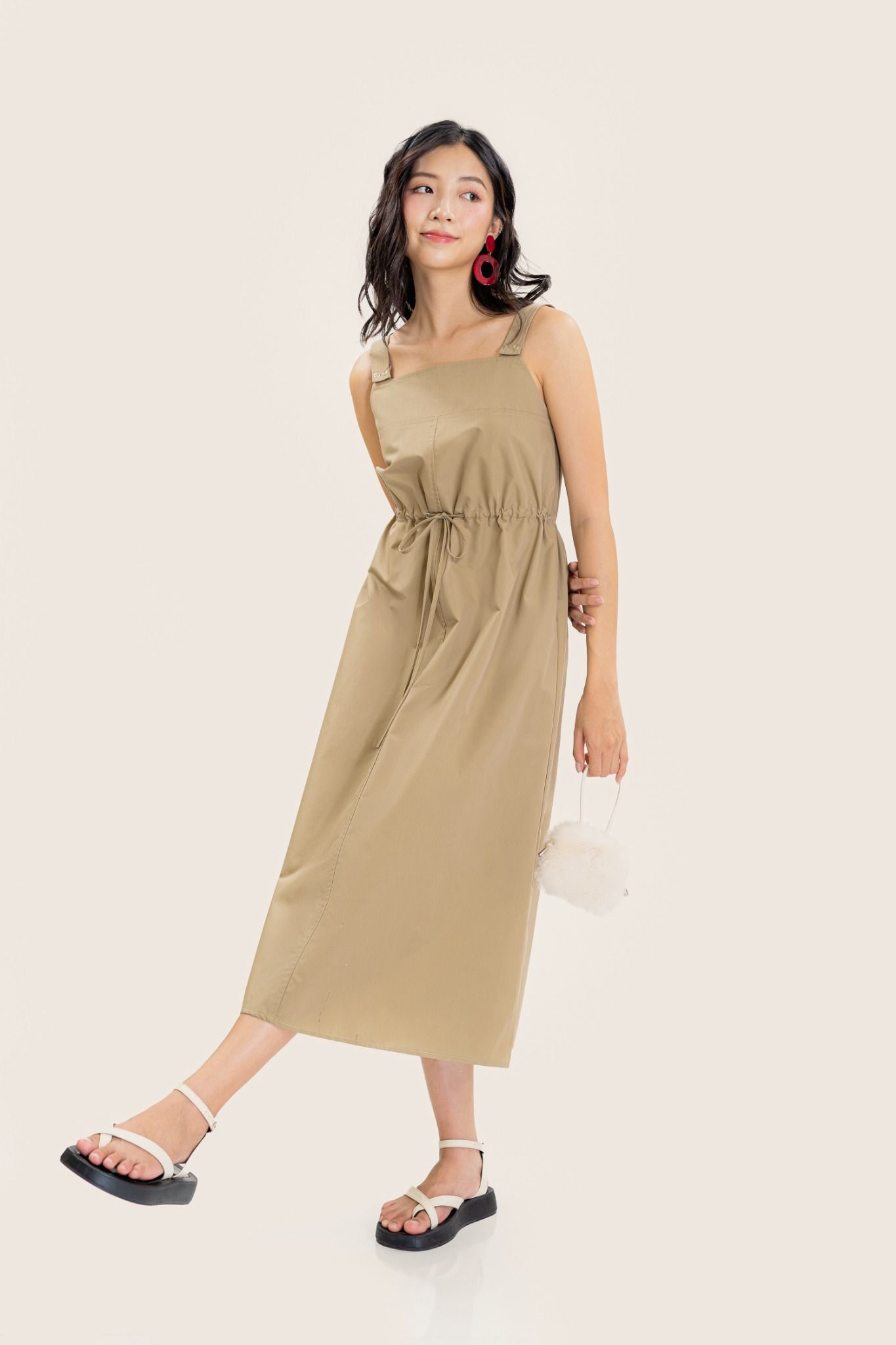  Beige Ruched Midi Dress 