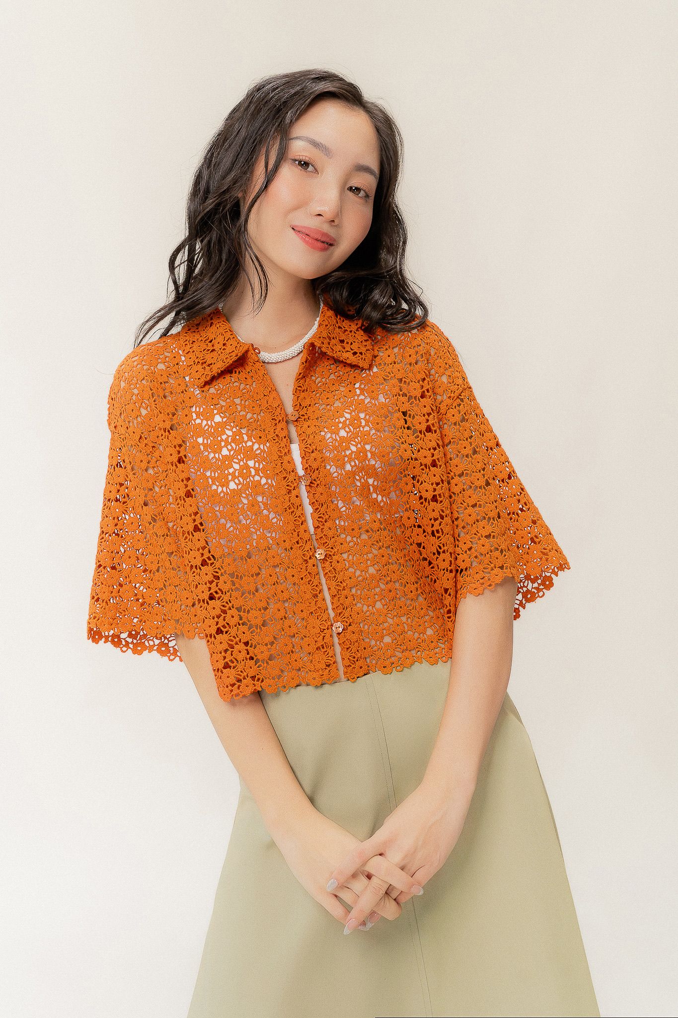  Tangerine Guipure Lace Short Sleeve Shirt 