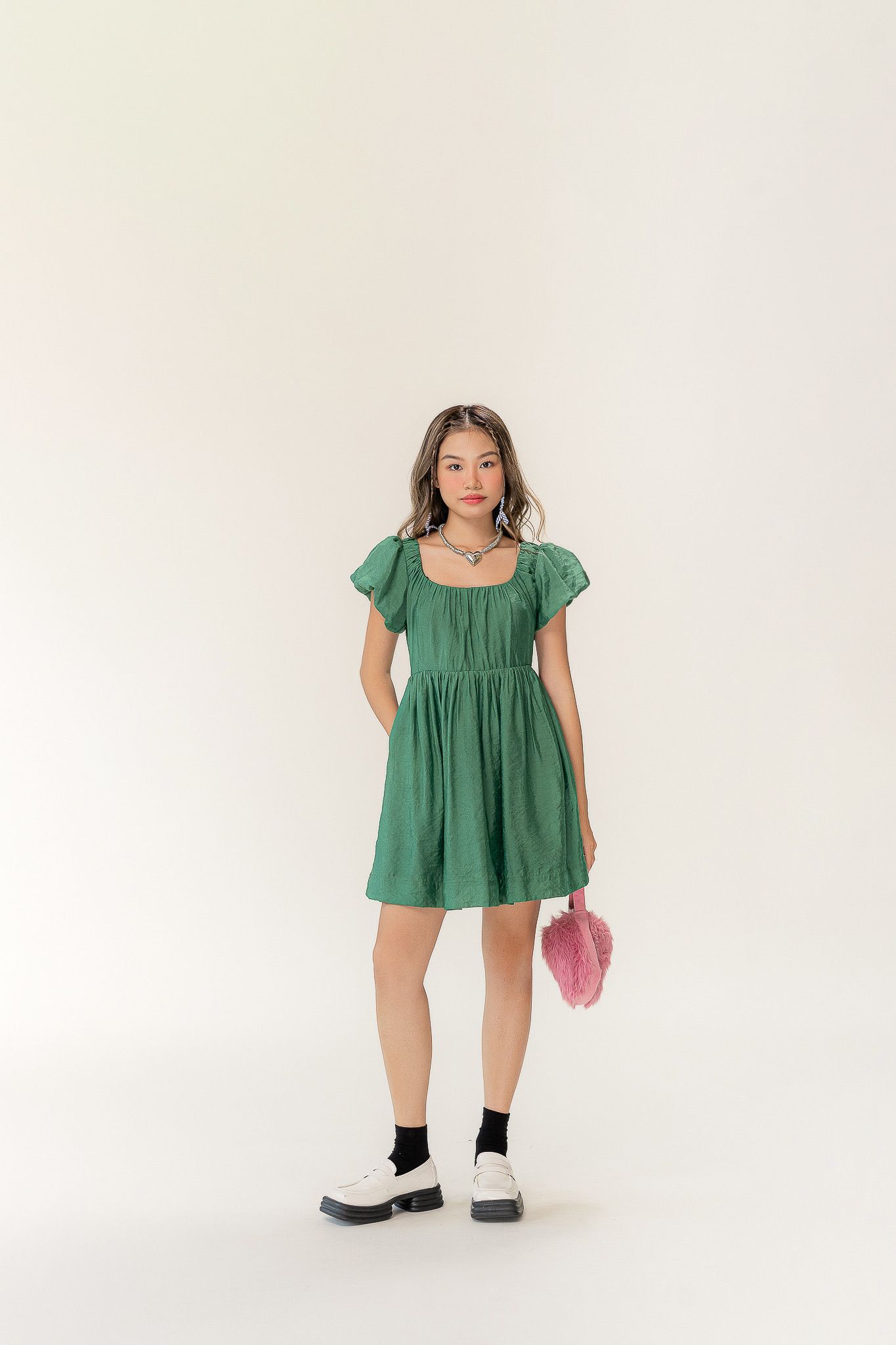  Green Ruched Mini Dress 