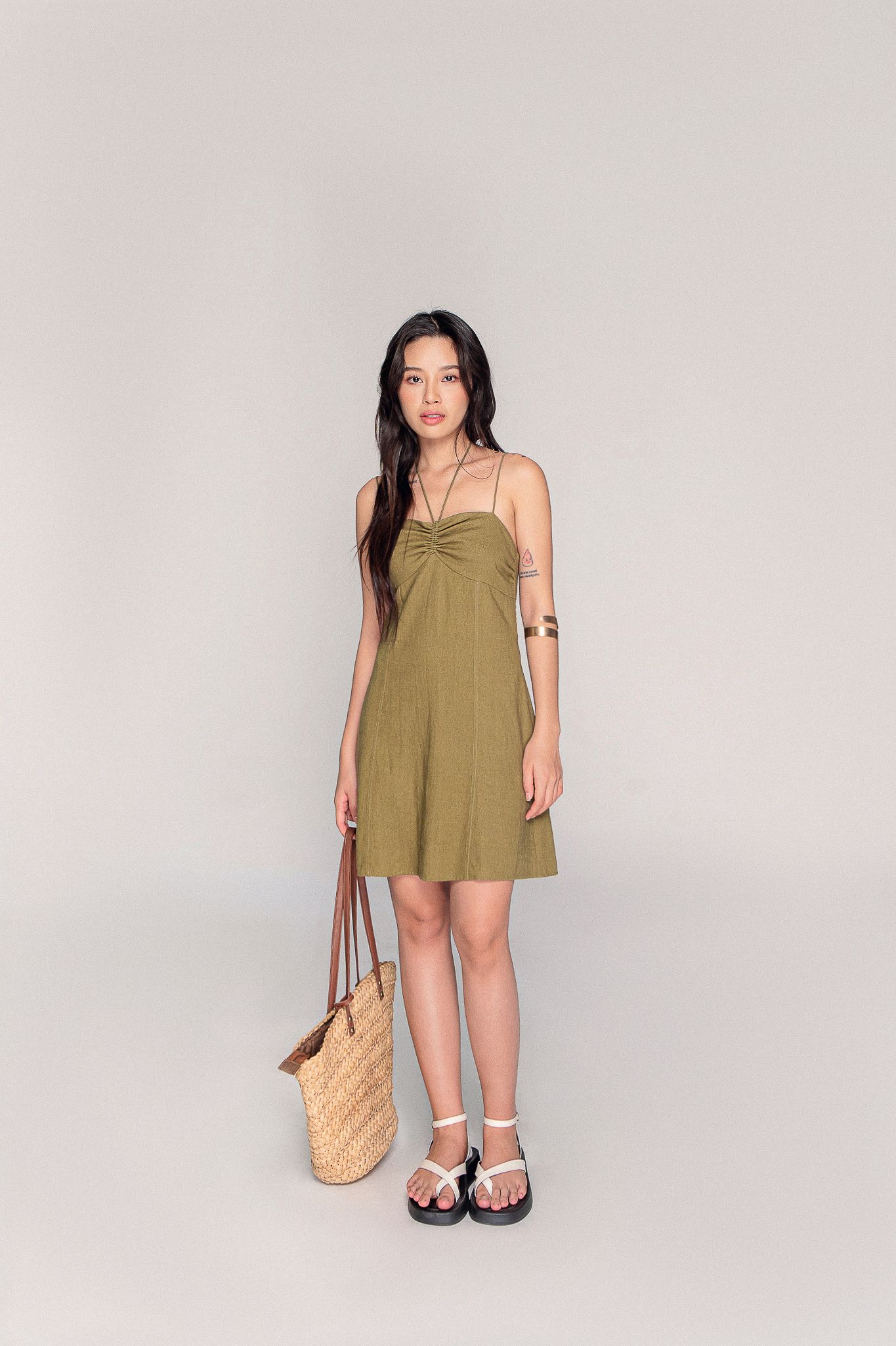  Olive Linen Cami Mini Dress 