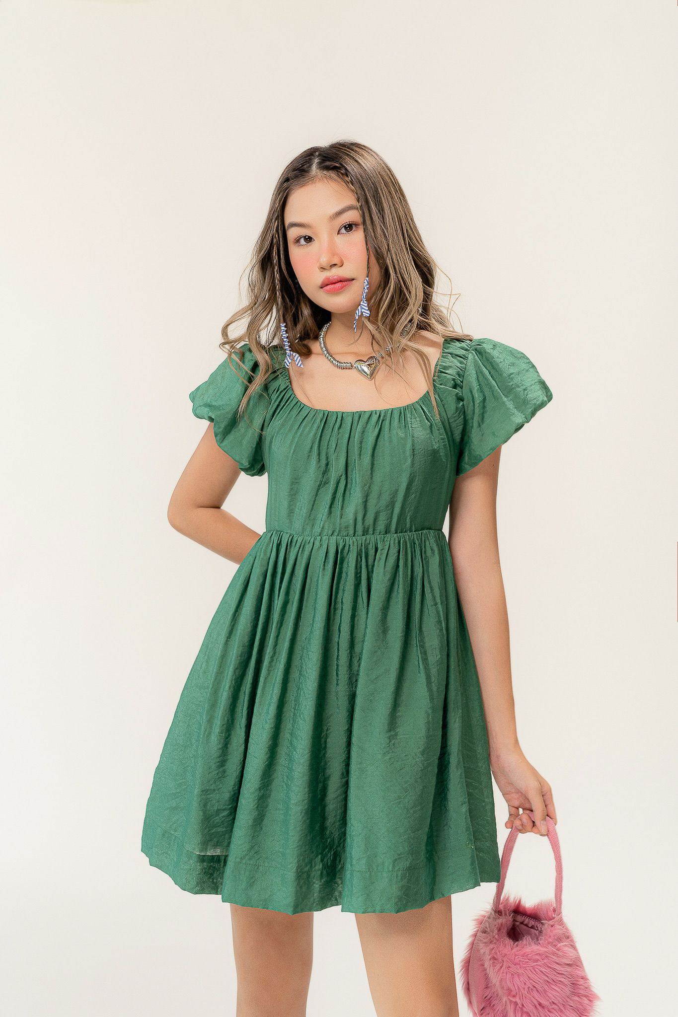  Green Ruched Mini Dress 