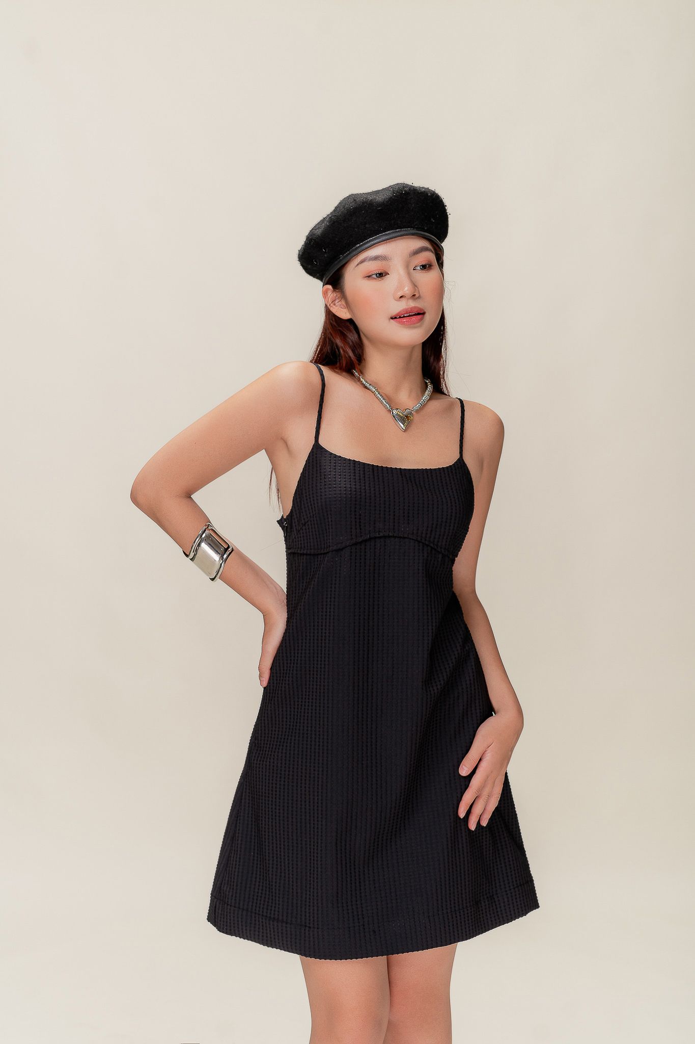  Black Strappy Textured Mini Dress 