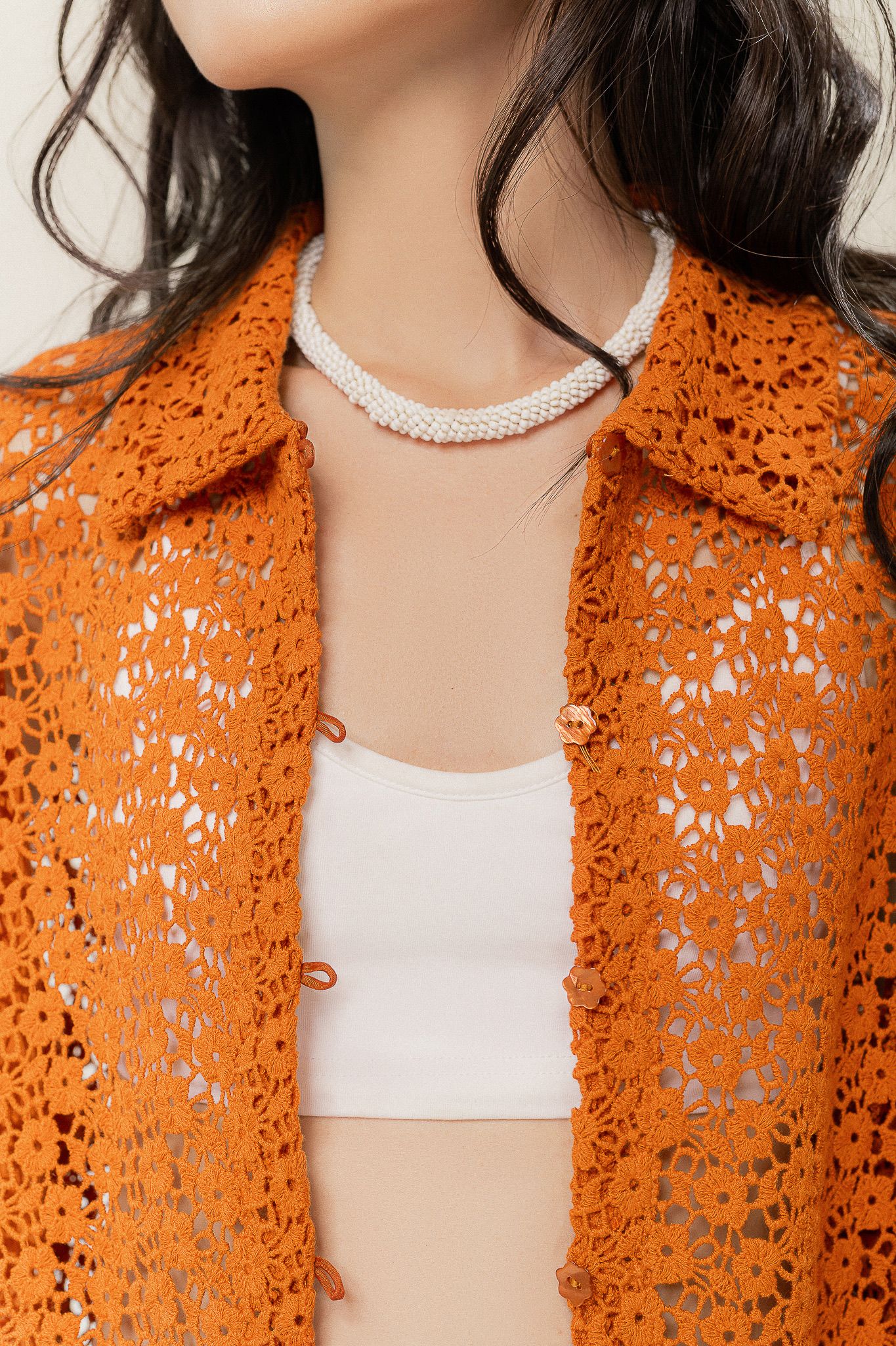  Tangerine Guipure Lace Short Sleeve Shirt 