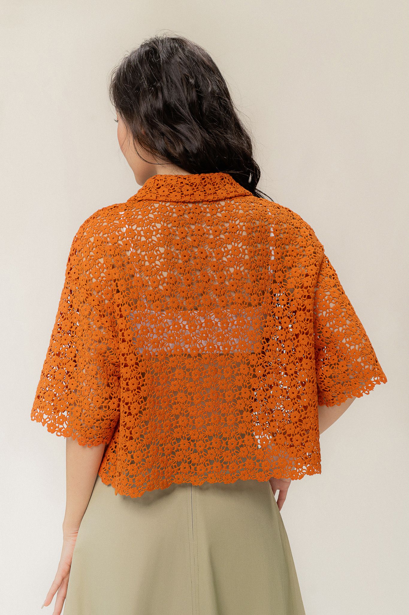  Tangerine Guipure Lace Short Sleeve Shirt 