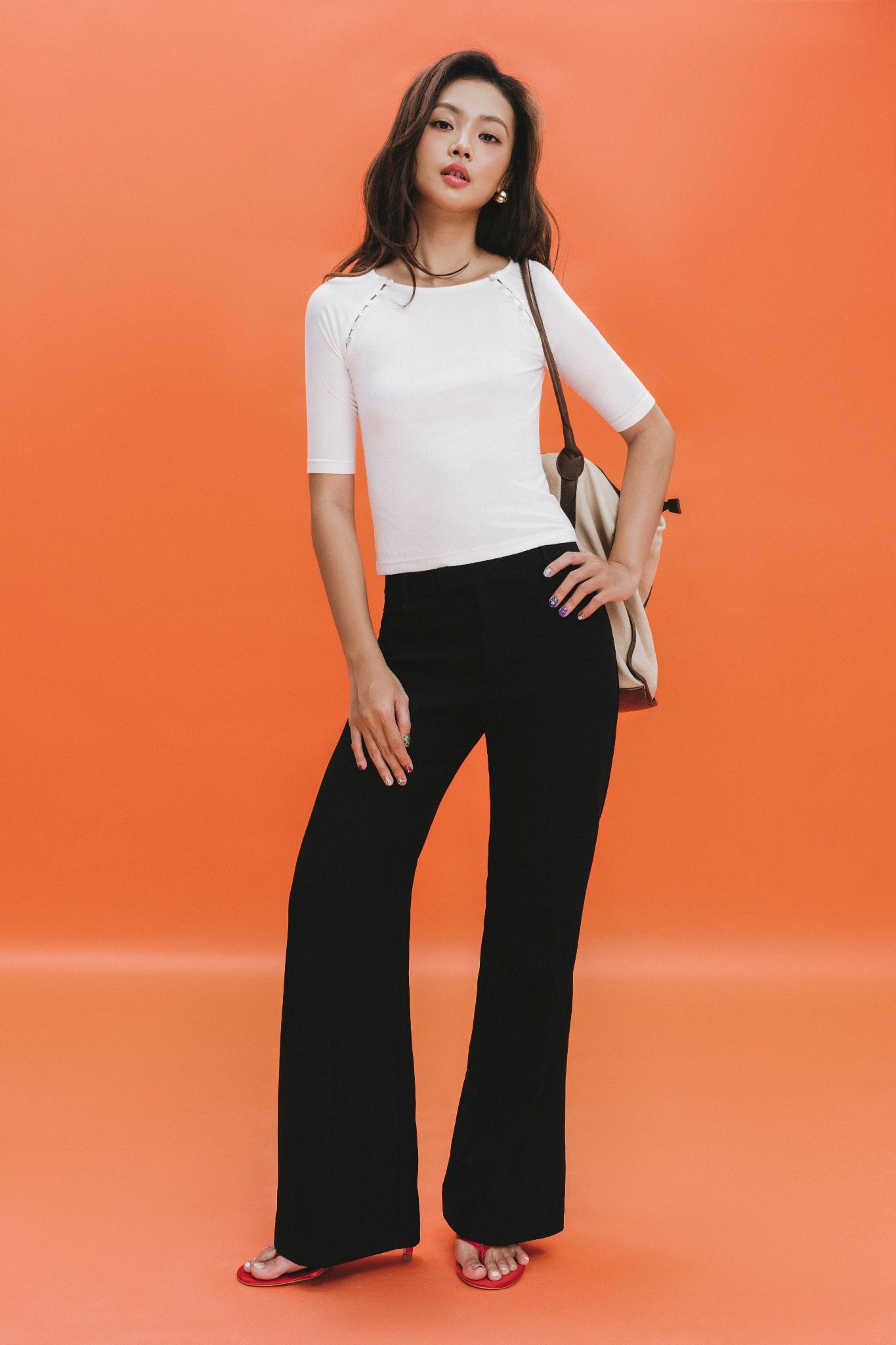 White Buttons Ribbed Raglan Sleeve Top