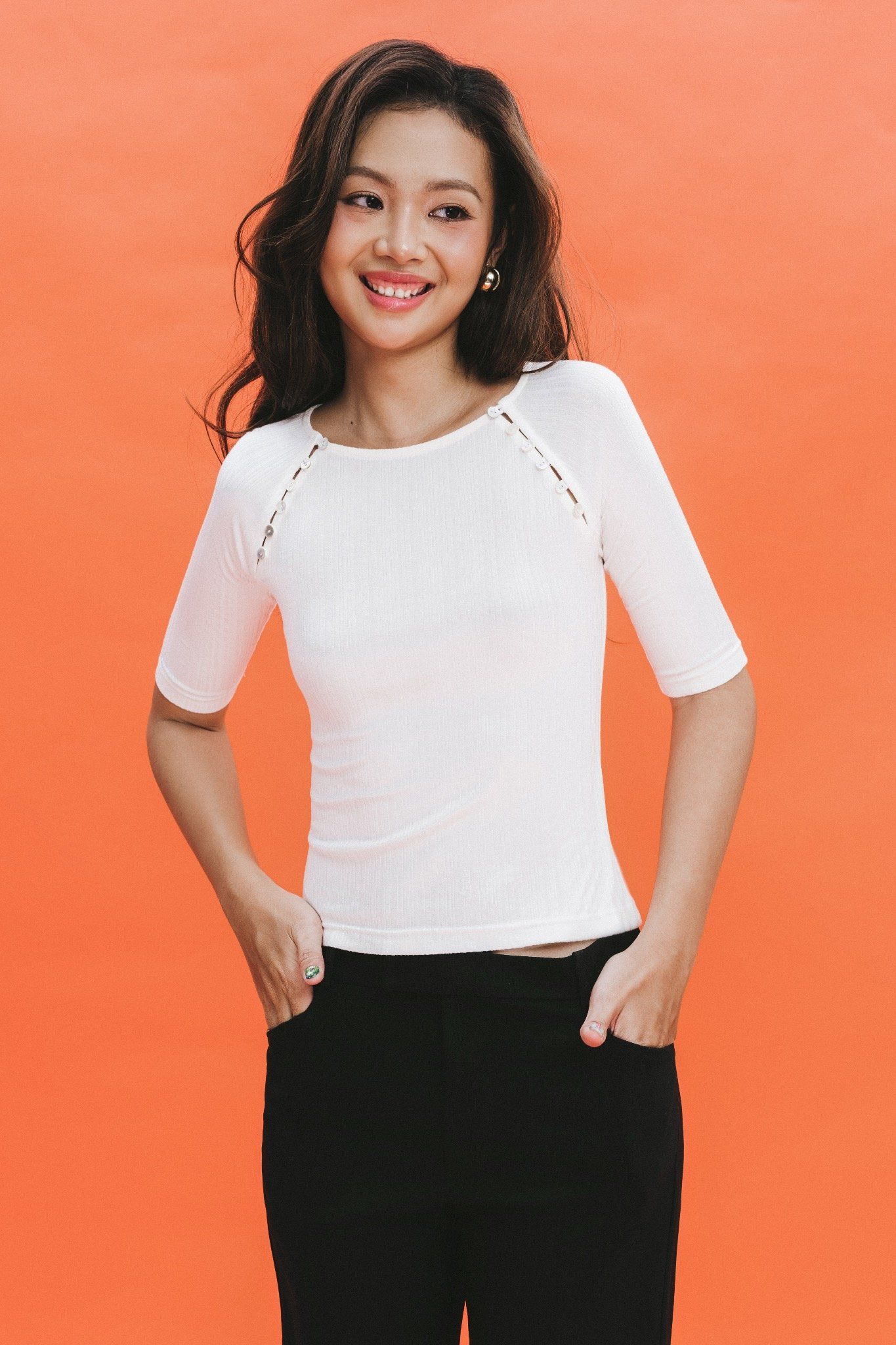 White Buttons Ribbed Raglan Sleeve Top