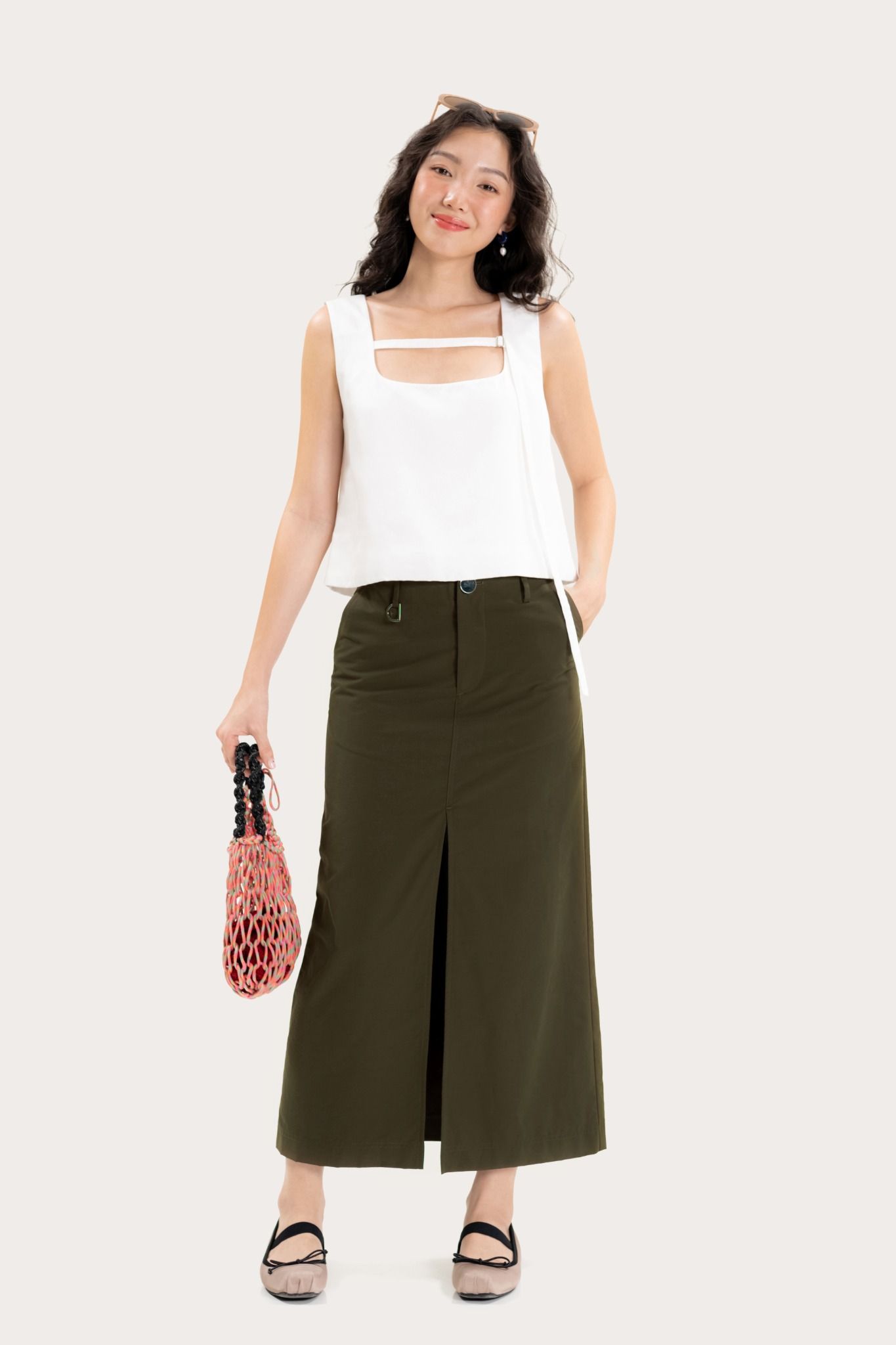  Dark Green Front-Slit Parachute Midi Skirt 