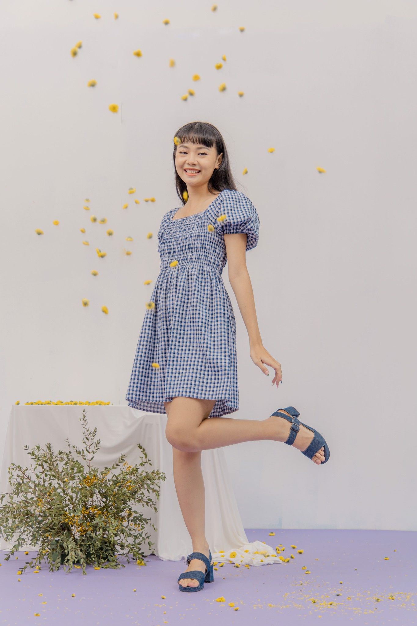 Checked Smocking Mini Dress