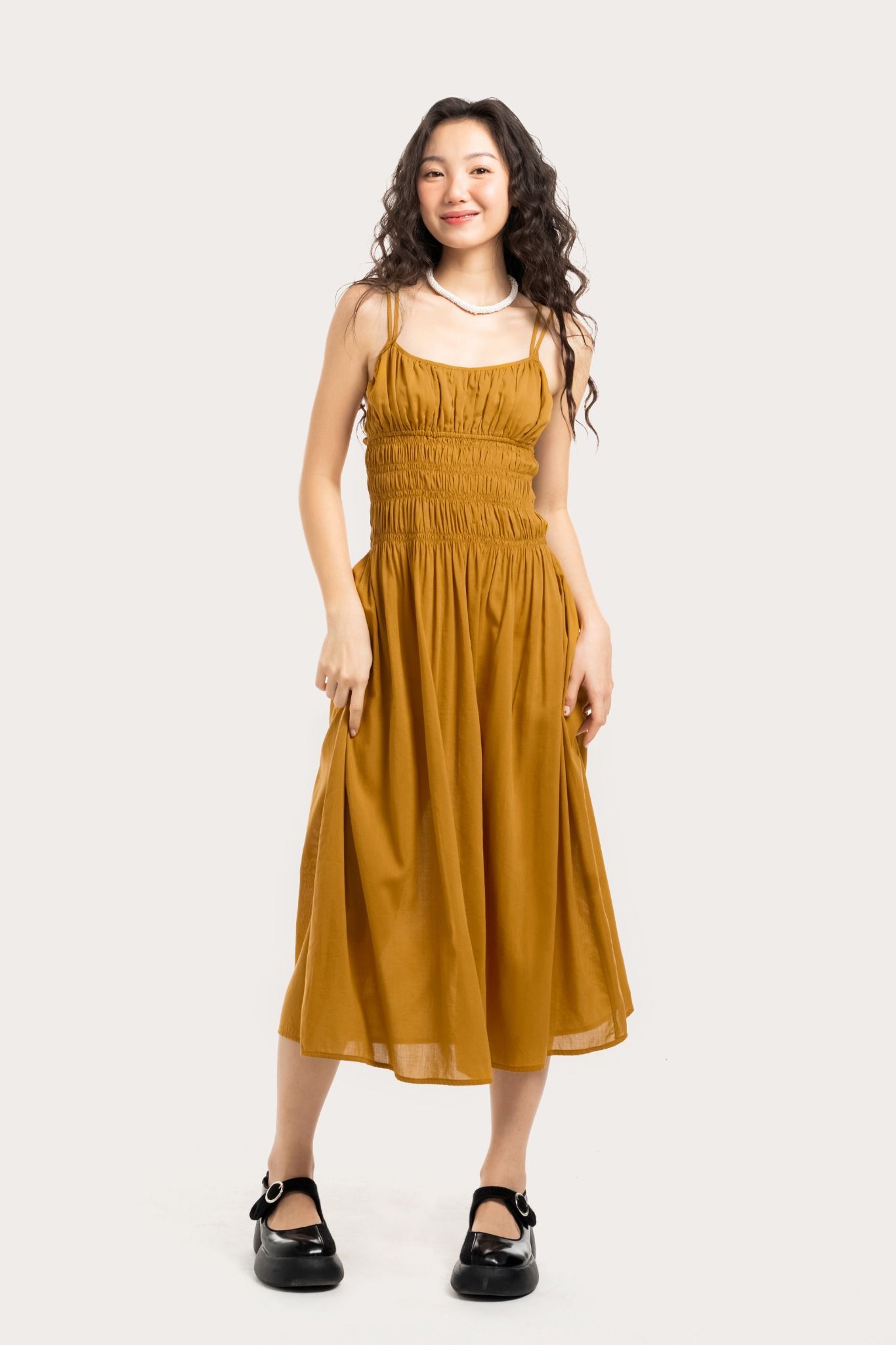  Turmeric Yellow Strappy Smock Midi Dress 