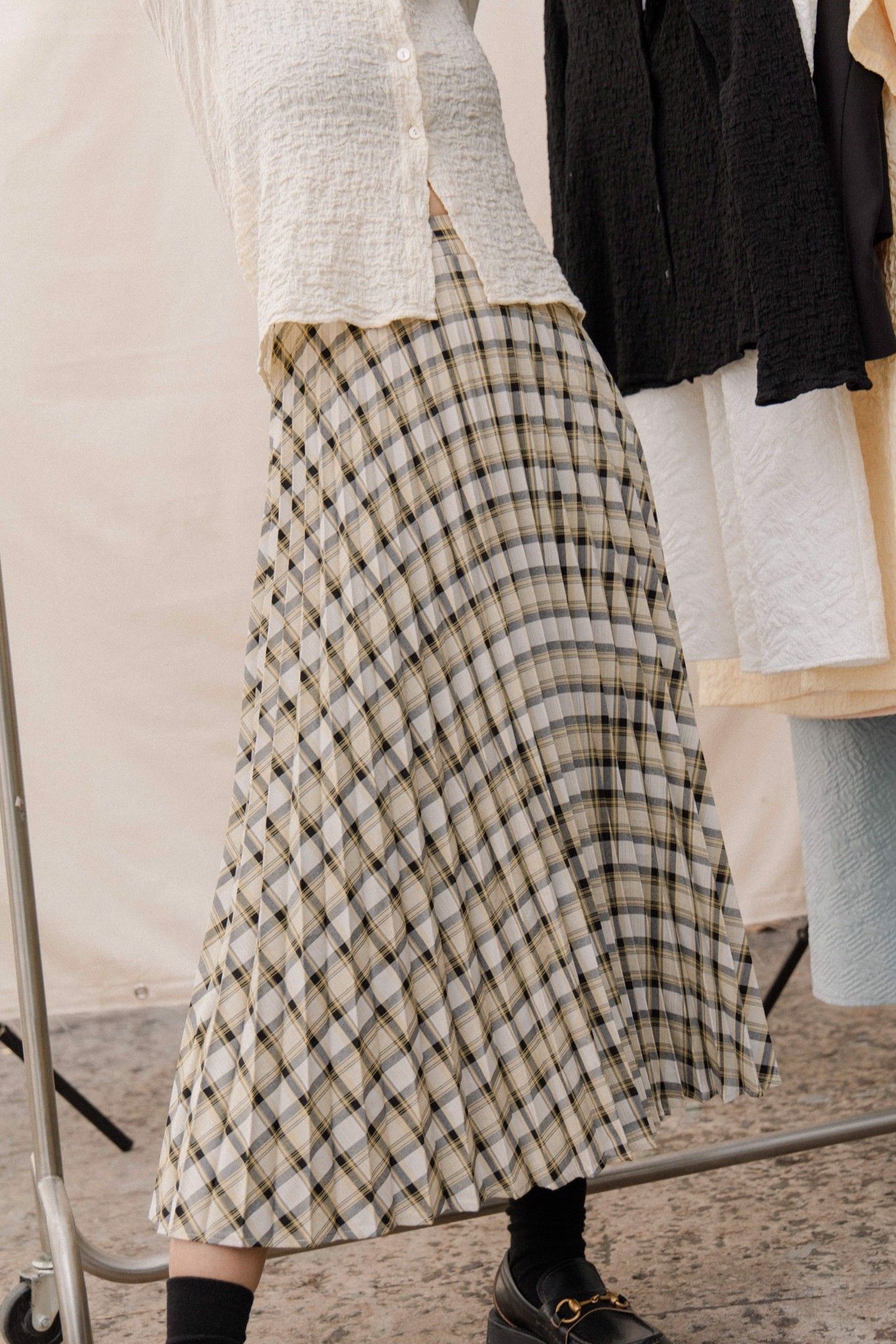 Checked Pleated Midi Skirt