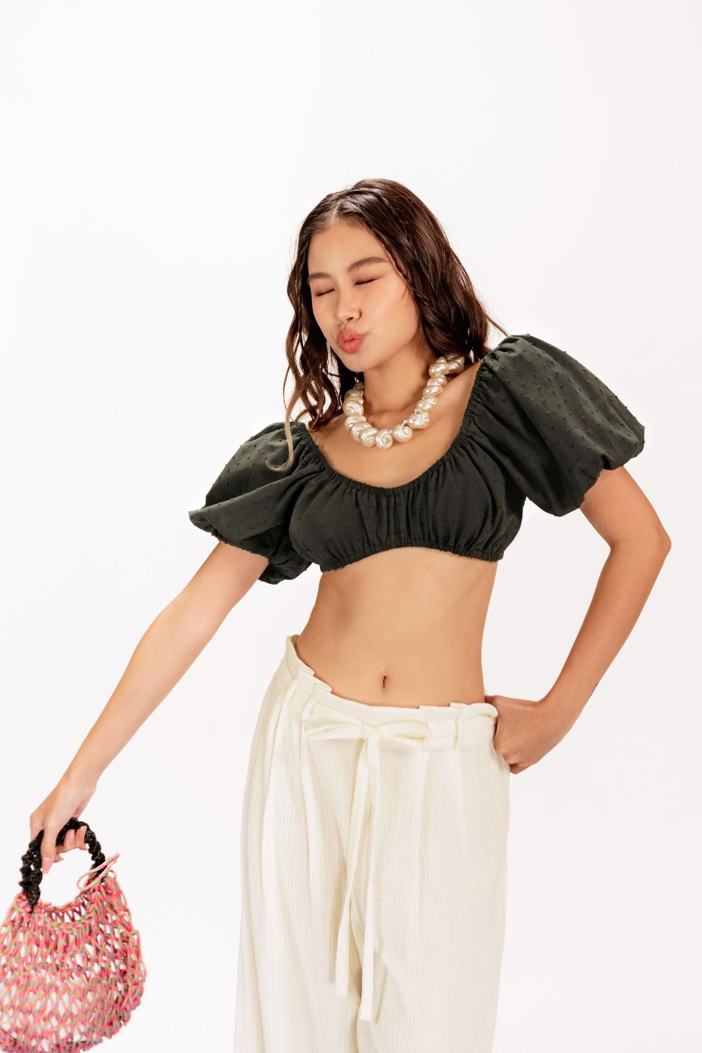 Olive Martini Puff Sleeve Dotted Crop Top 
