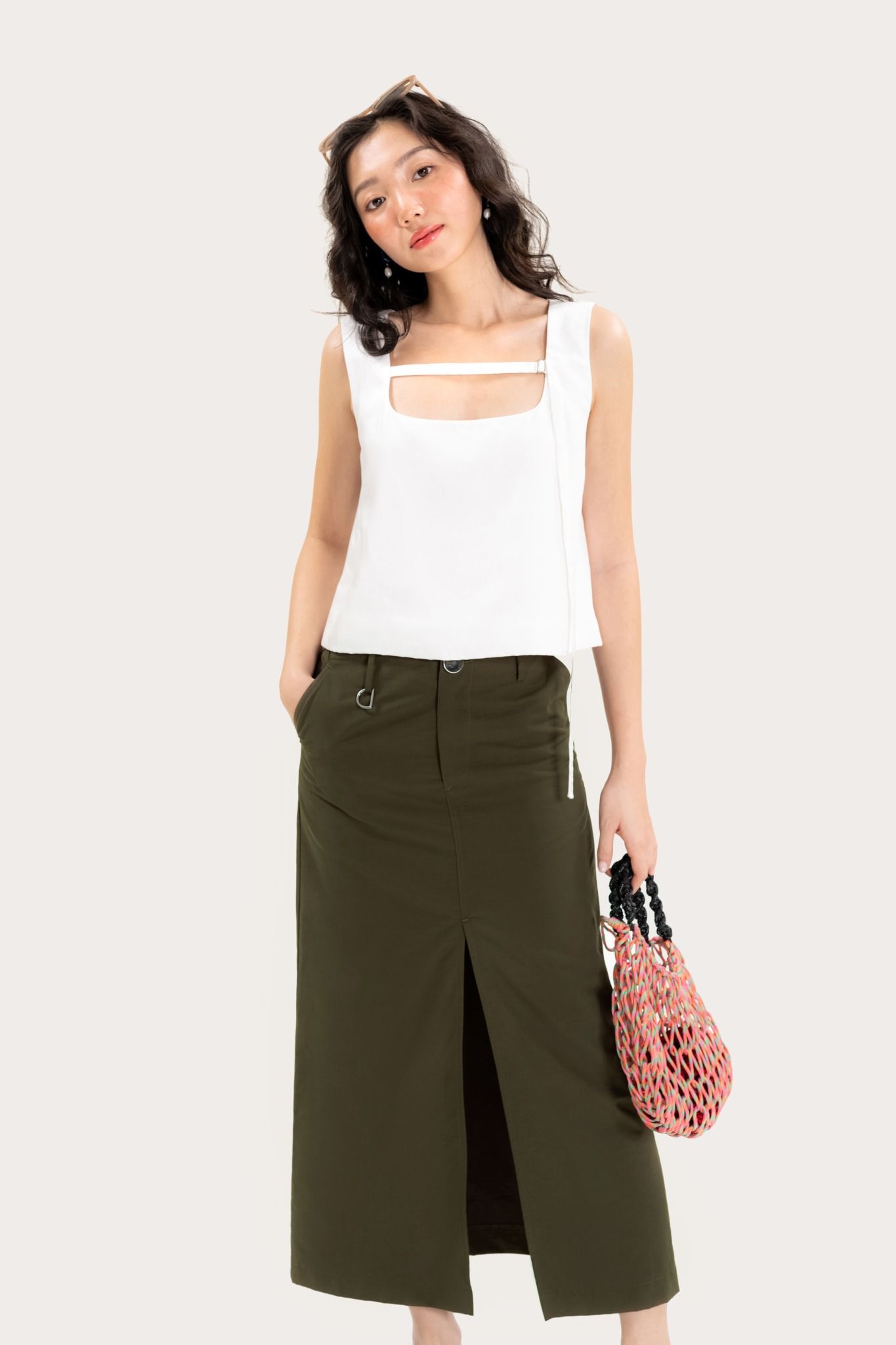  Dark Green Front-Slit Parachute Midi Skirt 