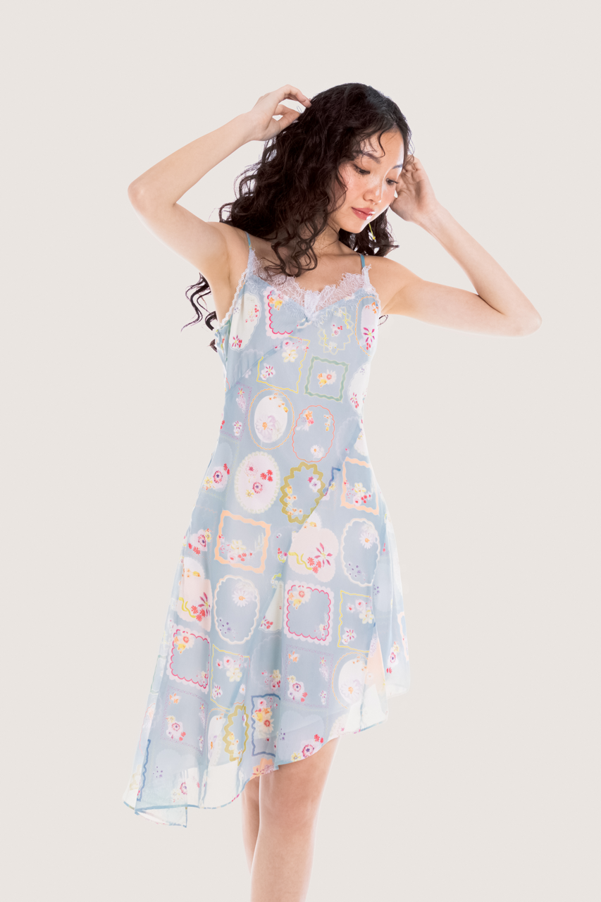  Vintage Floral Printed Lace Hem Midi Slip Dress 