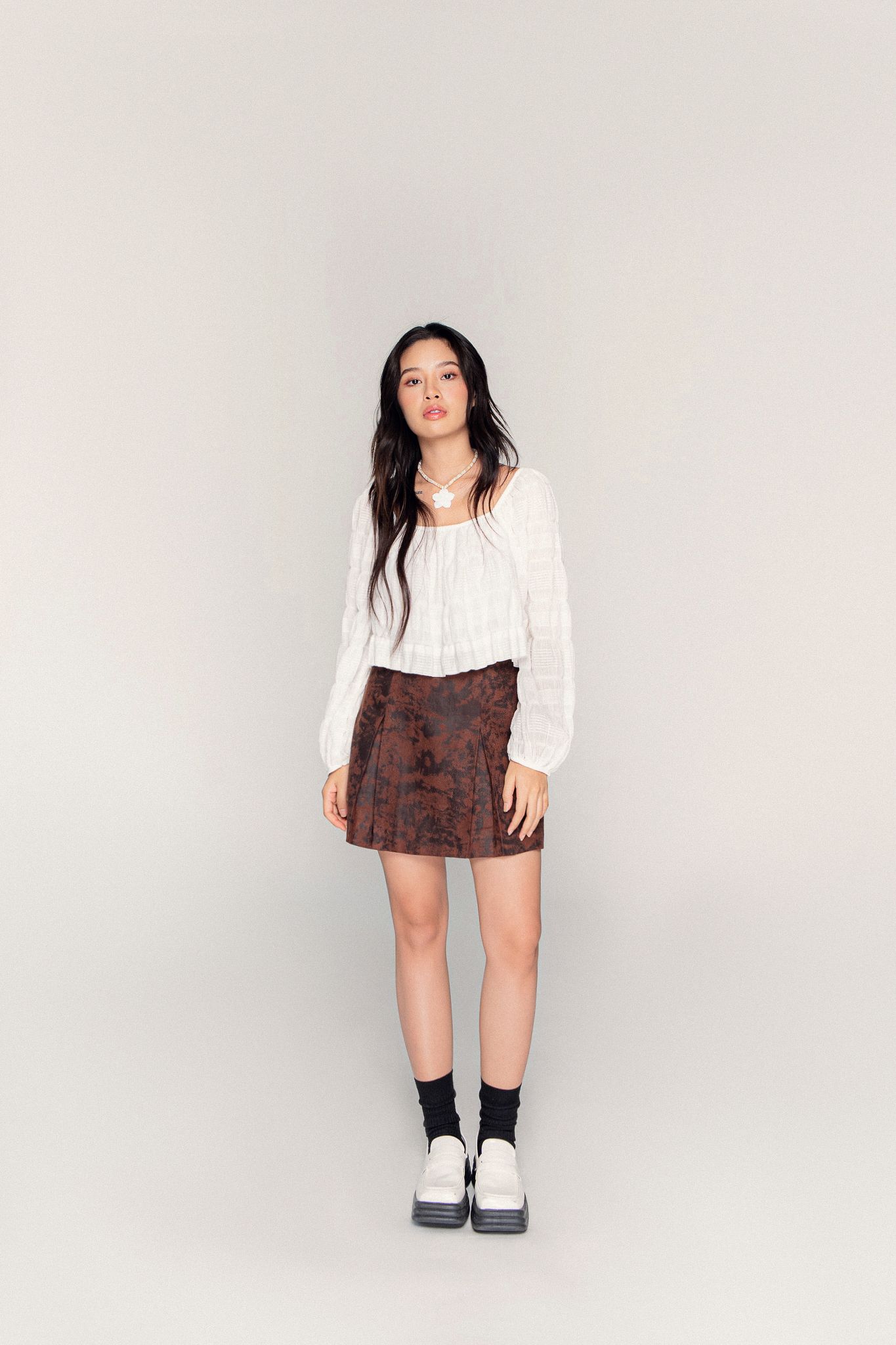  Brown Pleated Faux Suede Skirt 