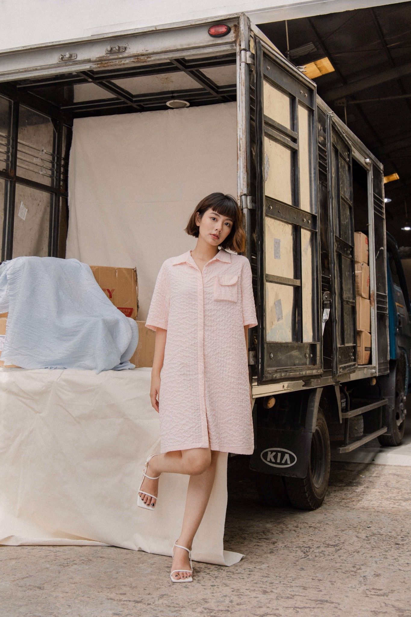 Seersucker Shirt Dress - Pink