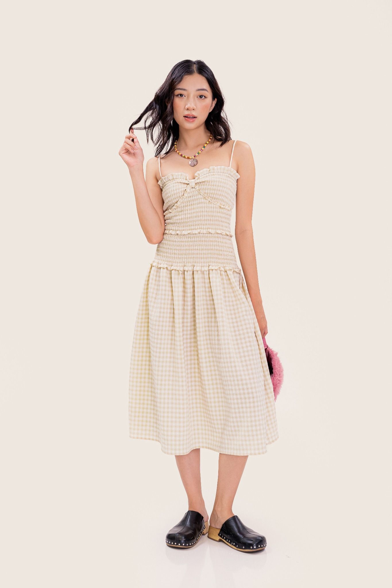  Beige Checked Smock Strappy Midi Dress 