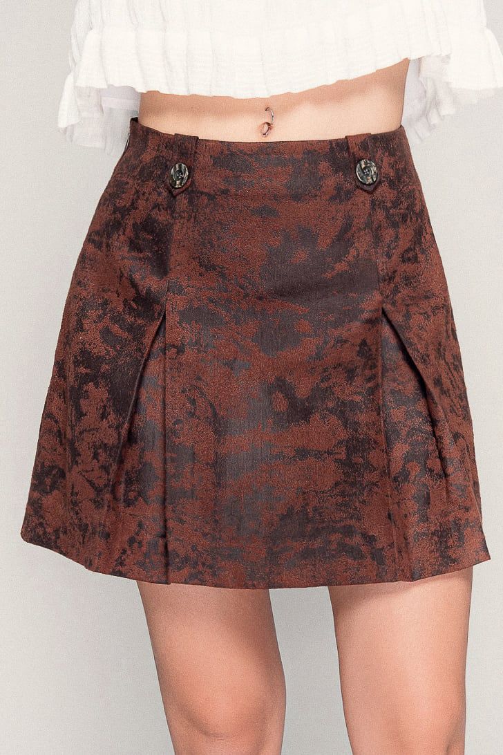  Brown Pleated Faux Suede Skirt 