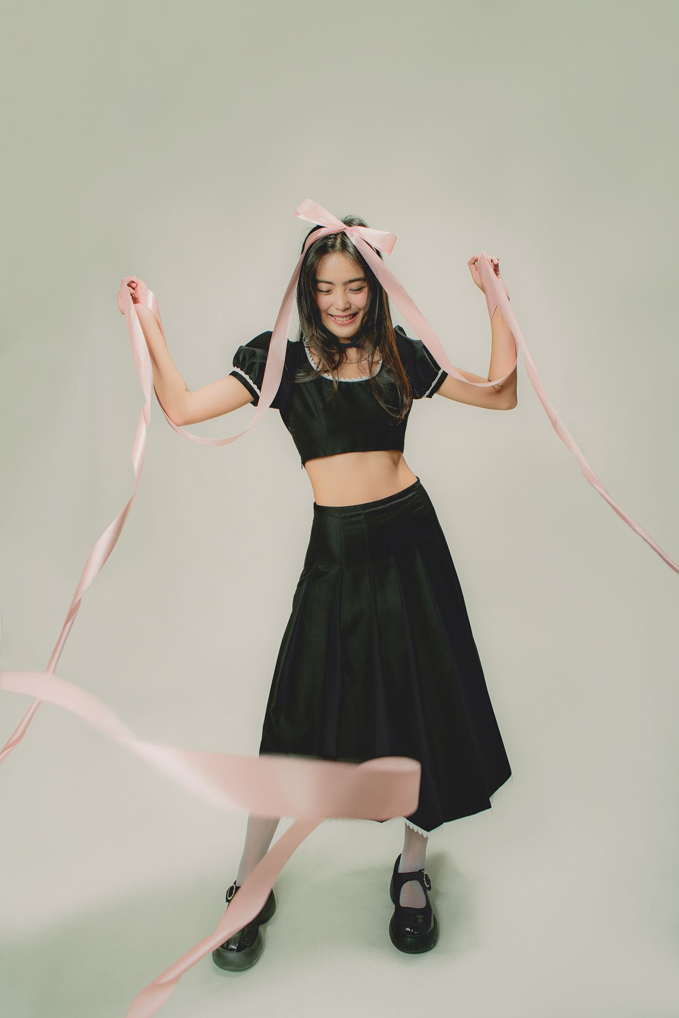 Black Pleated Midi Skirt With Lace Trim