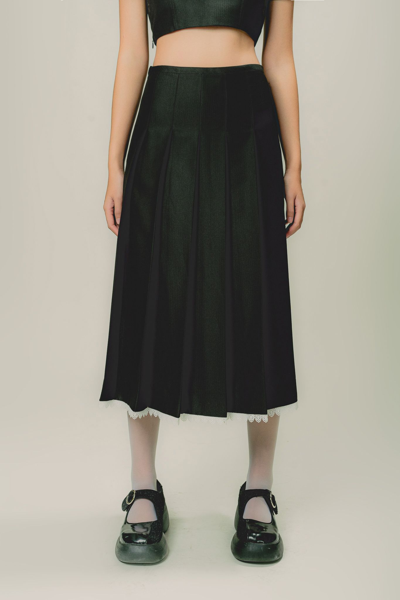Black Pleated Midi Skirt With Lace Trim