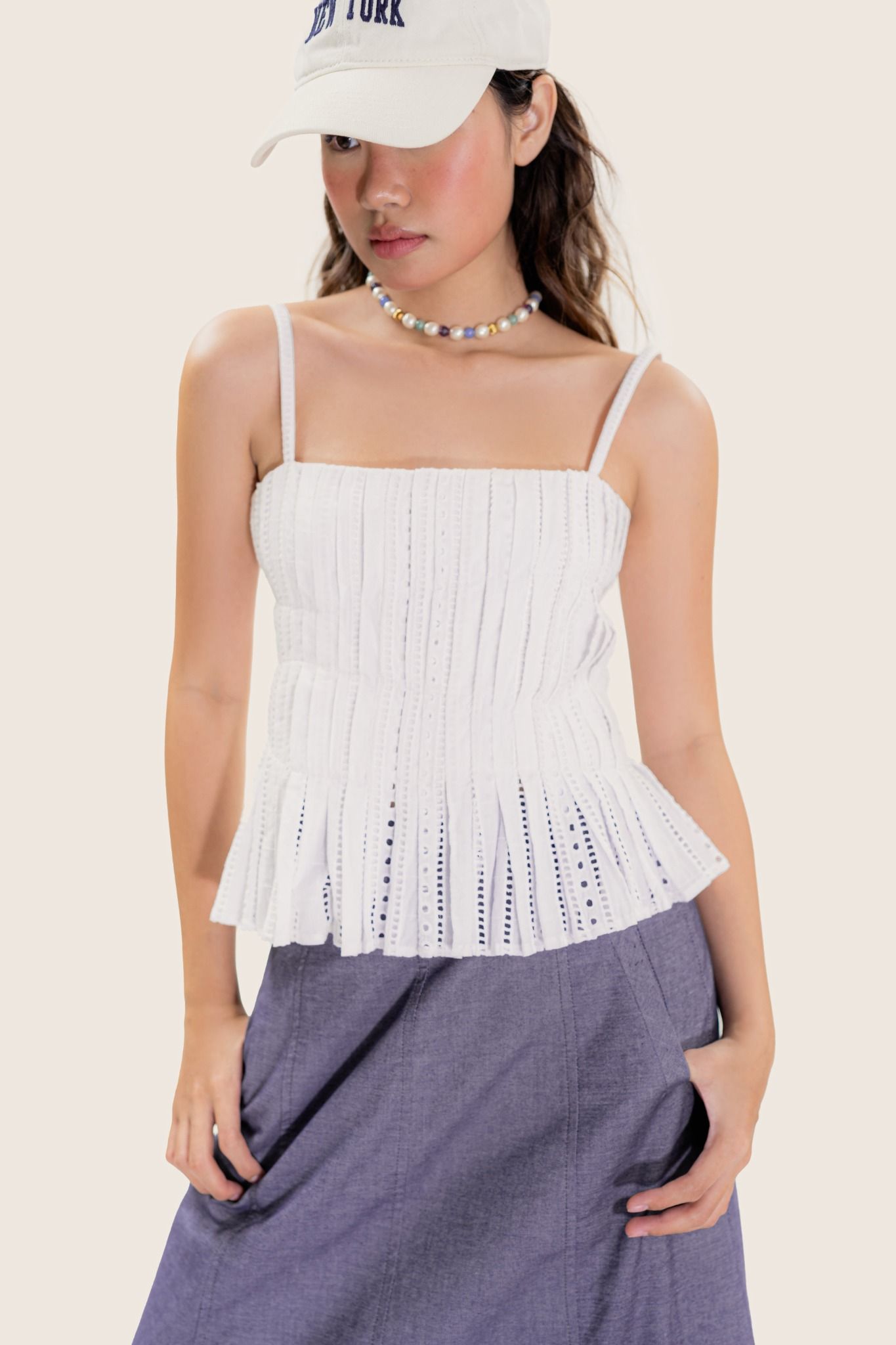  White Embroidered Pleated Camisole 