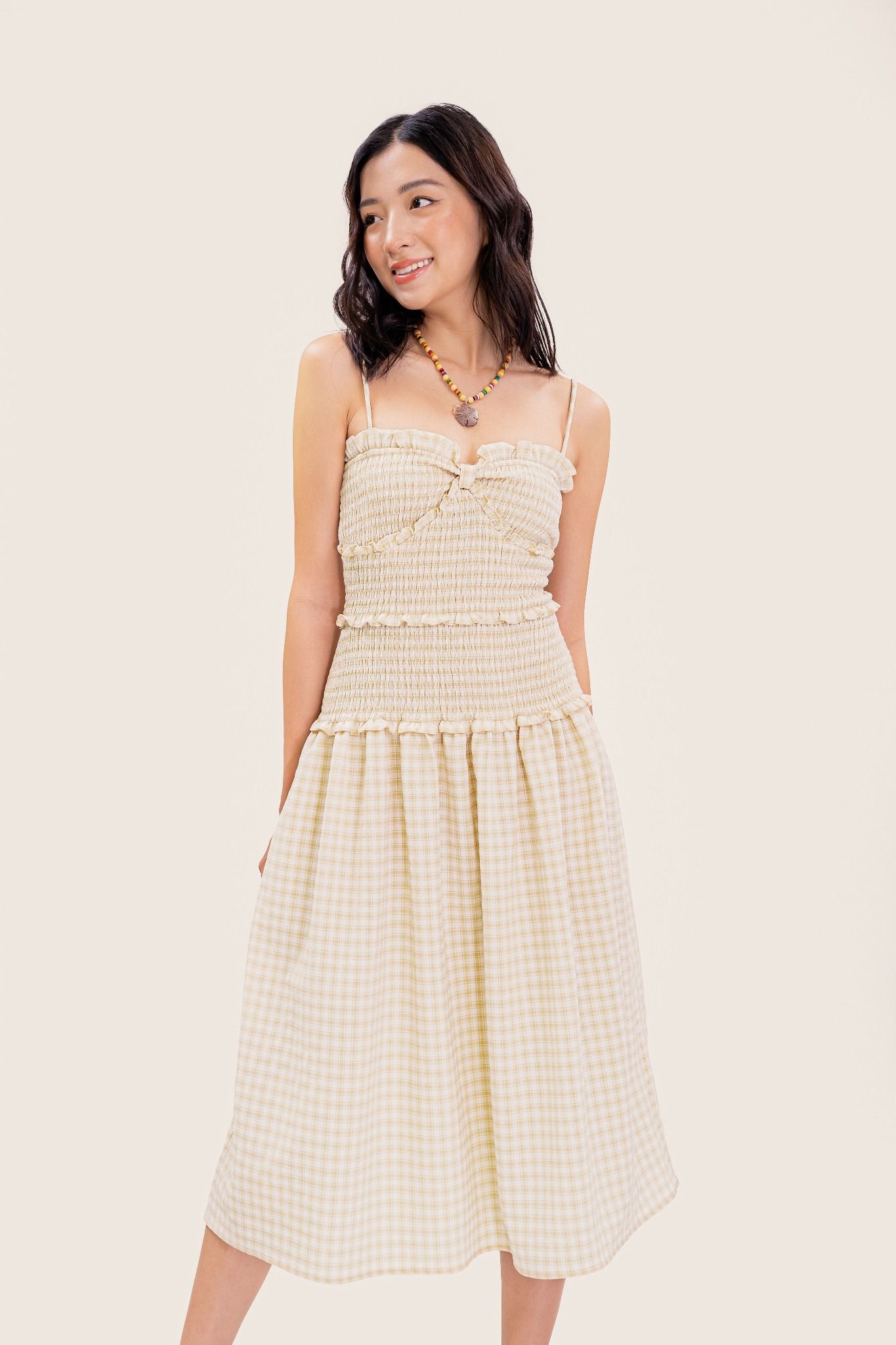  Beige Checked Smock Strappy Midi Dress 