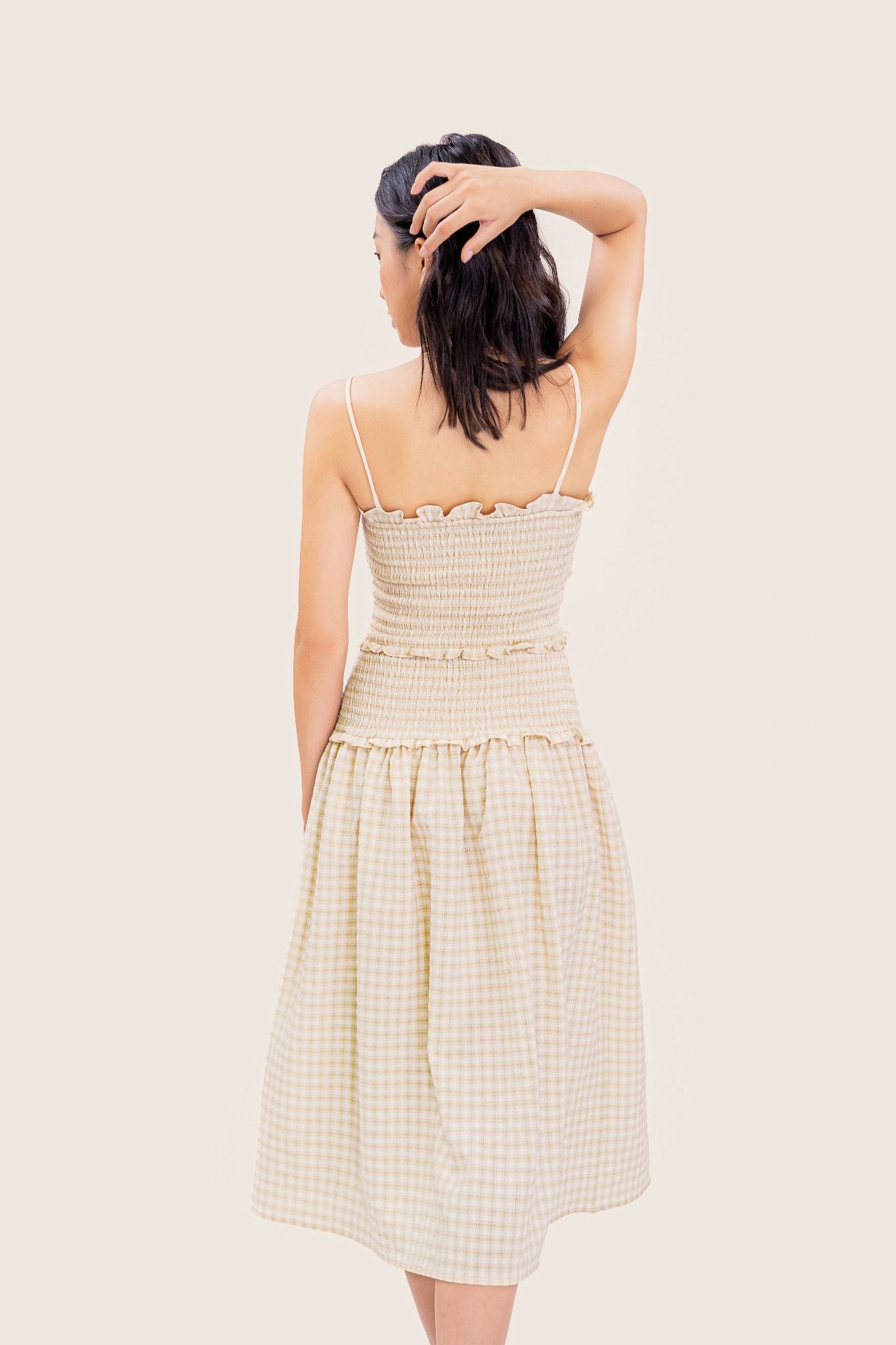  Beige Checked Smock Strappy Midi Dress 