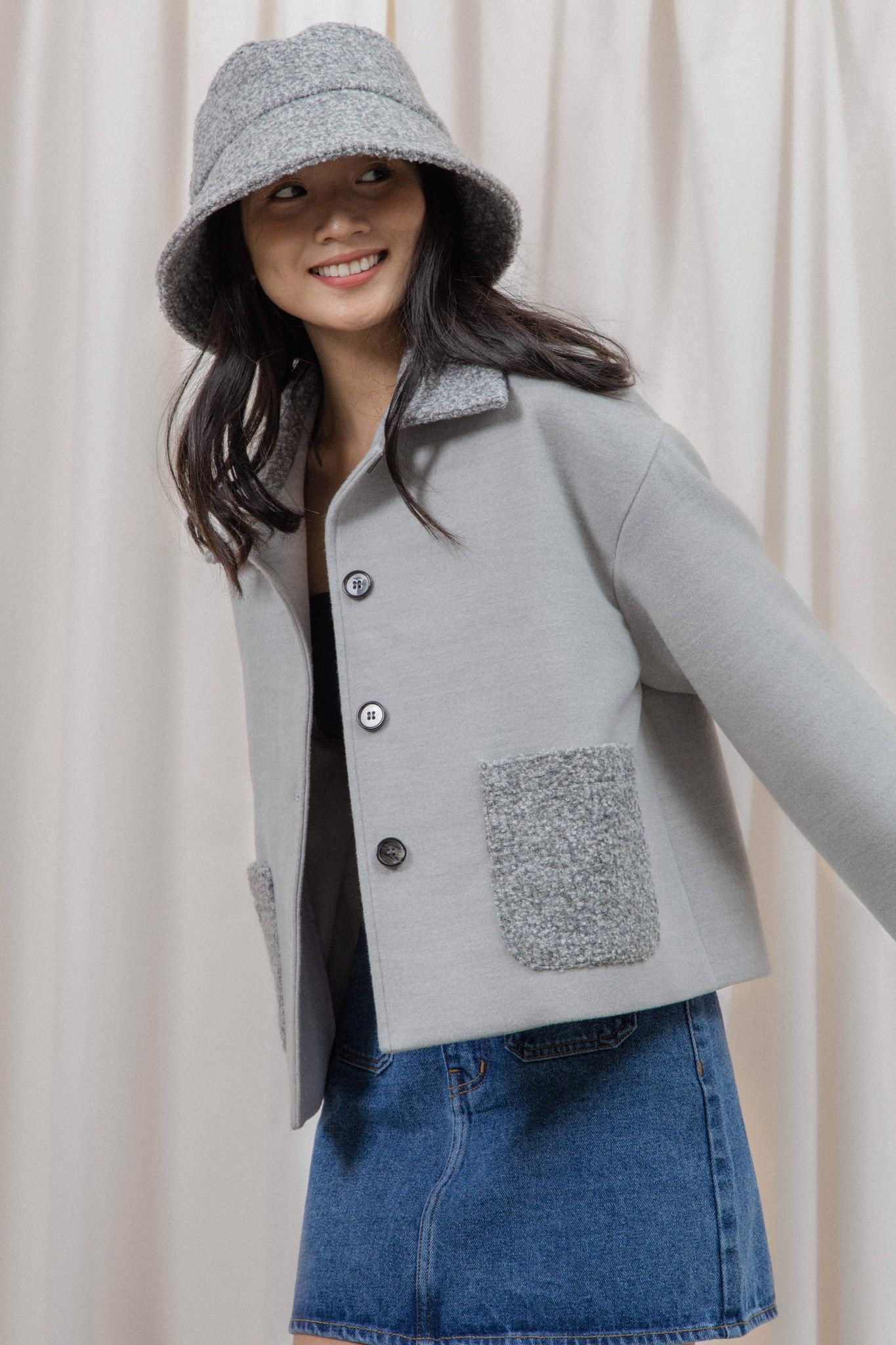 Grey Jacket With Faux Fur Pockets