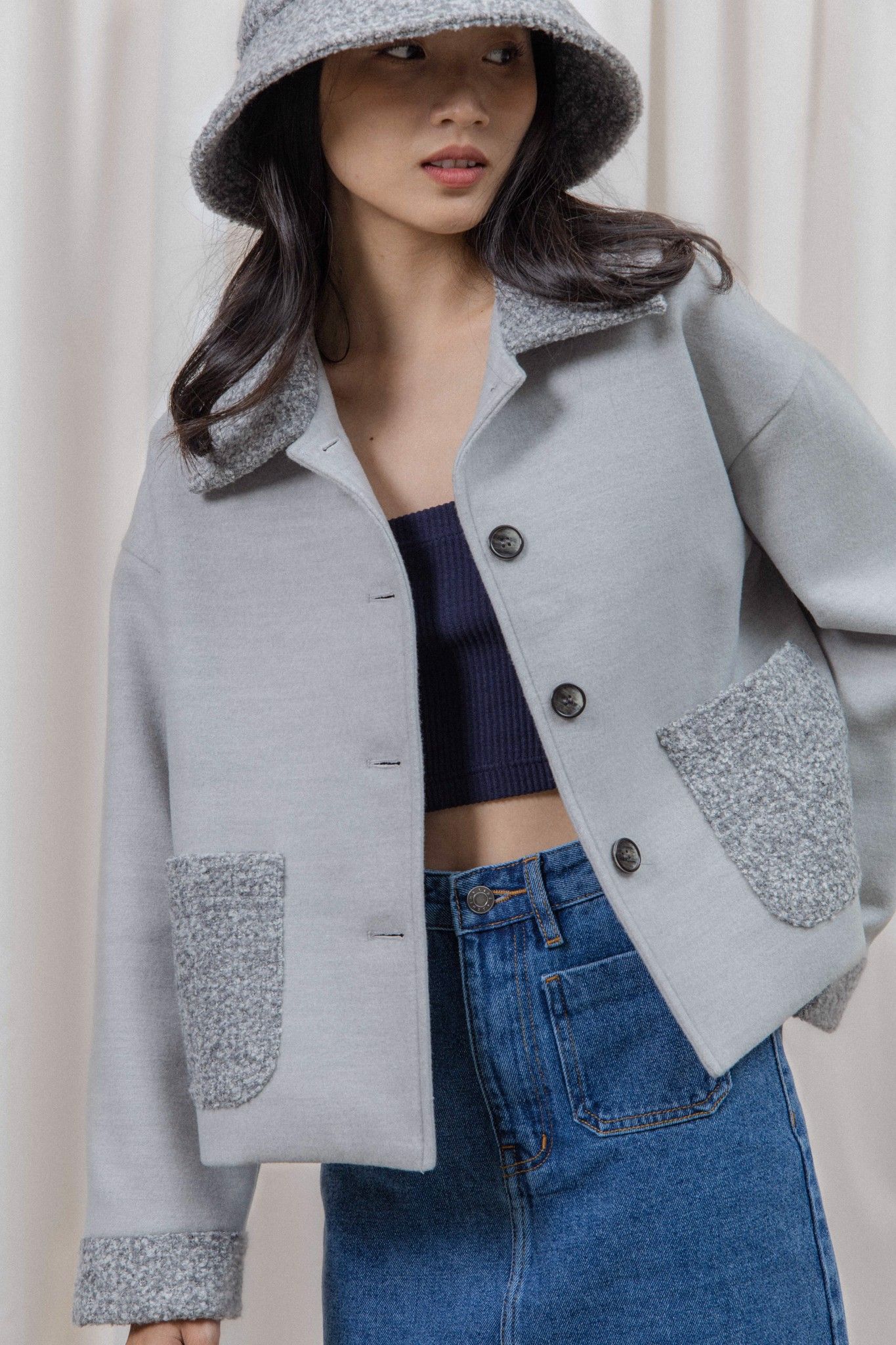 Grey Jacket With Faux Fur Pockets