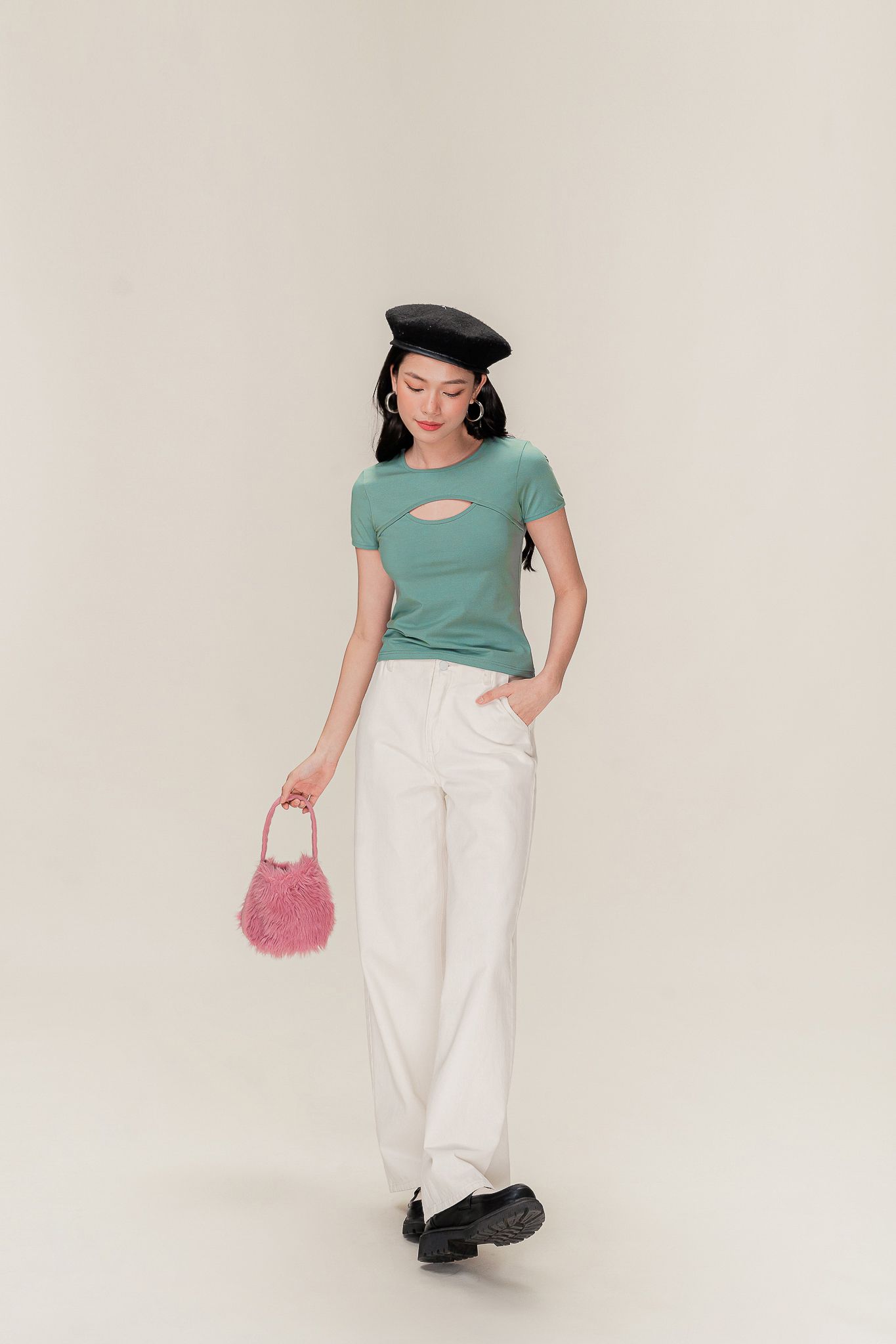 Green Cut Out Short Sleeve Top