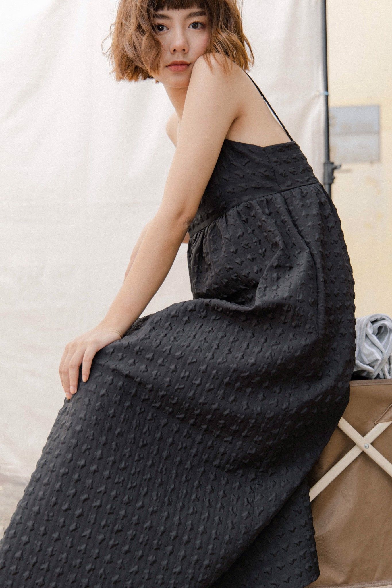 Seersucker Midi Dress - Black