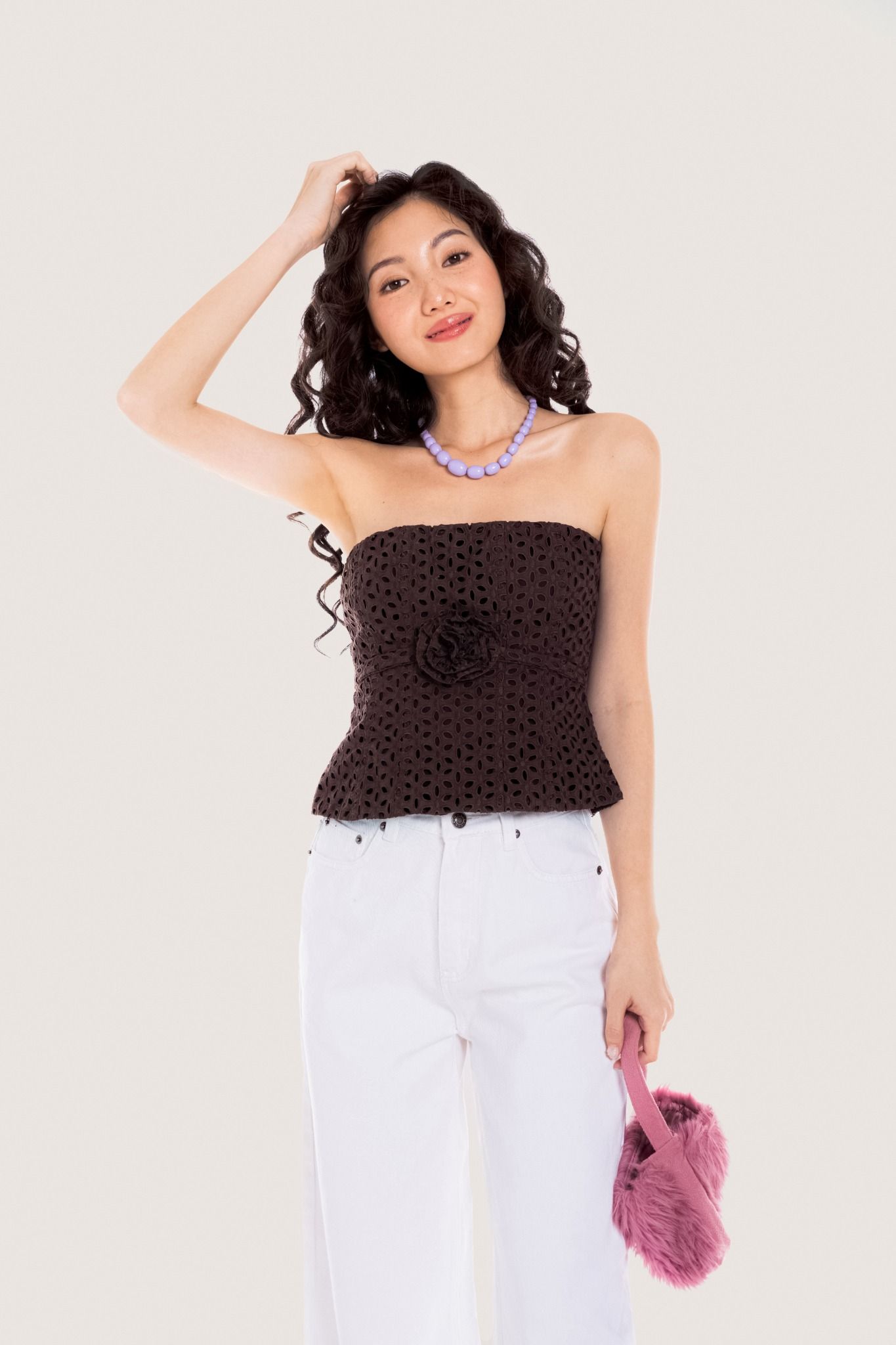  Brown Flower Embellished Eyelet Tube Top 