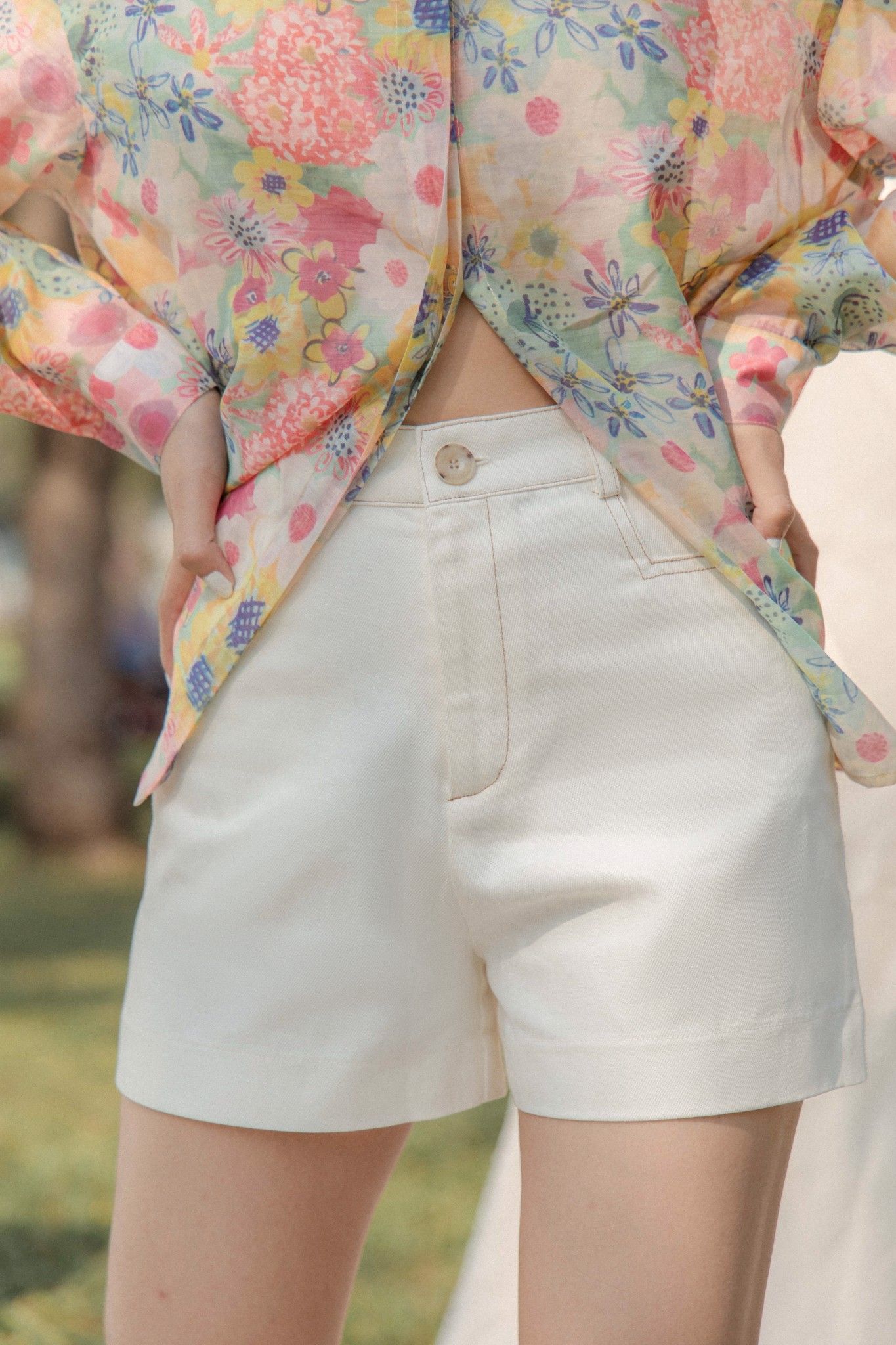 White Shorts With Brown Stitching