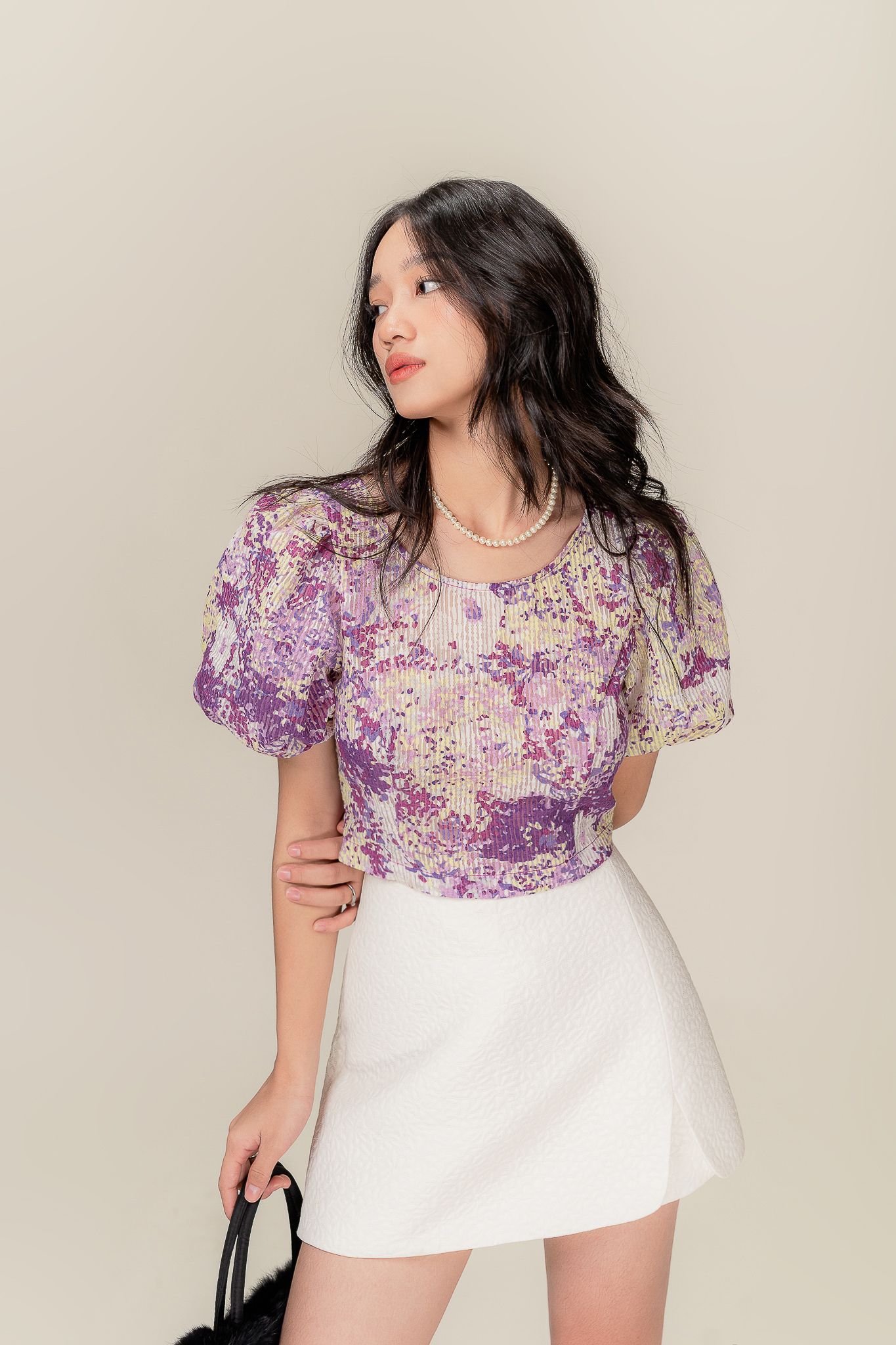 Purple Puff Sleeve Backstrap Top