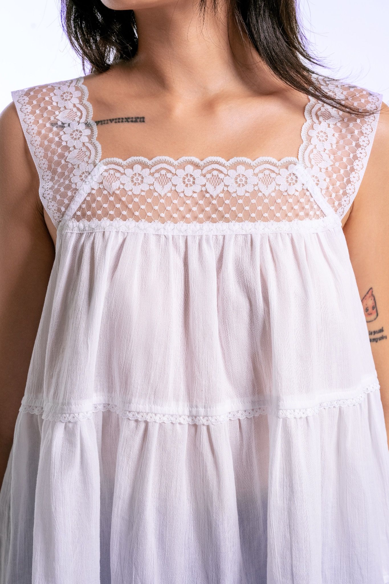 White Lace Neckline Babydoll Top