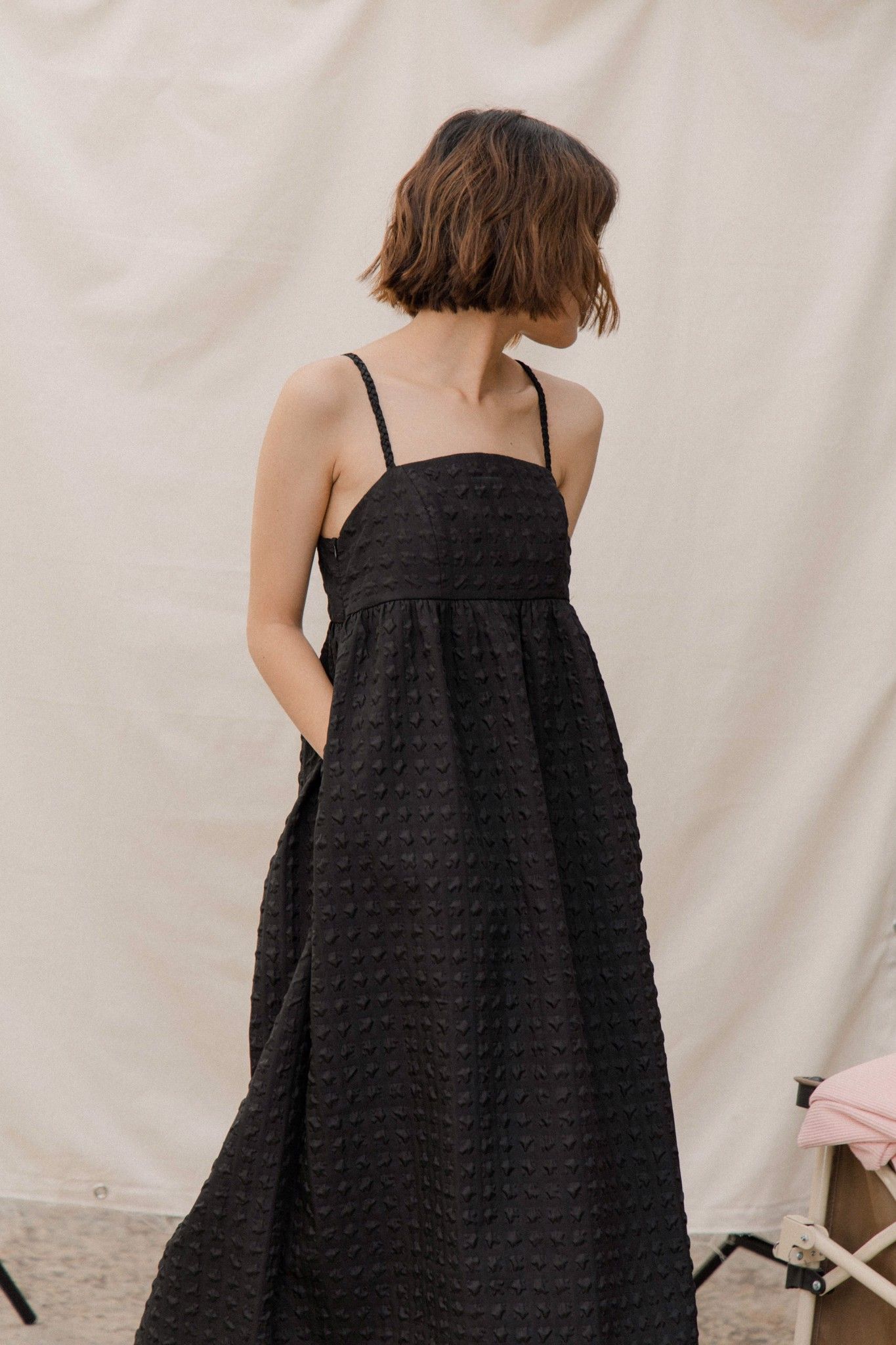 Seersucker Midi Dress - Black