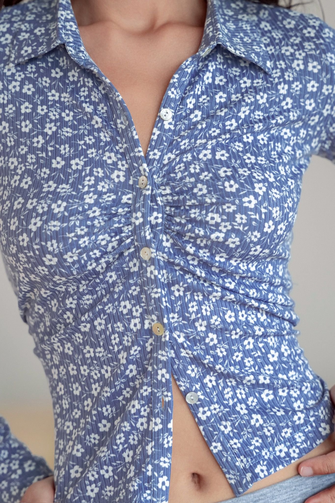 Blue Floral Fitted Long Sleeve Polo Top