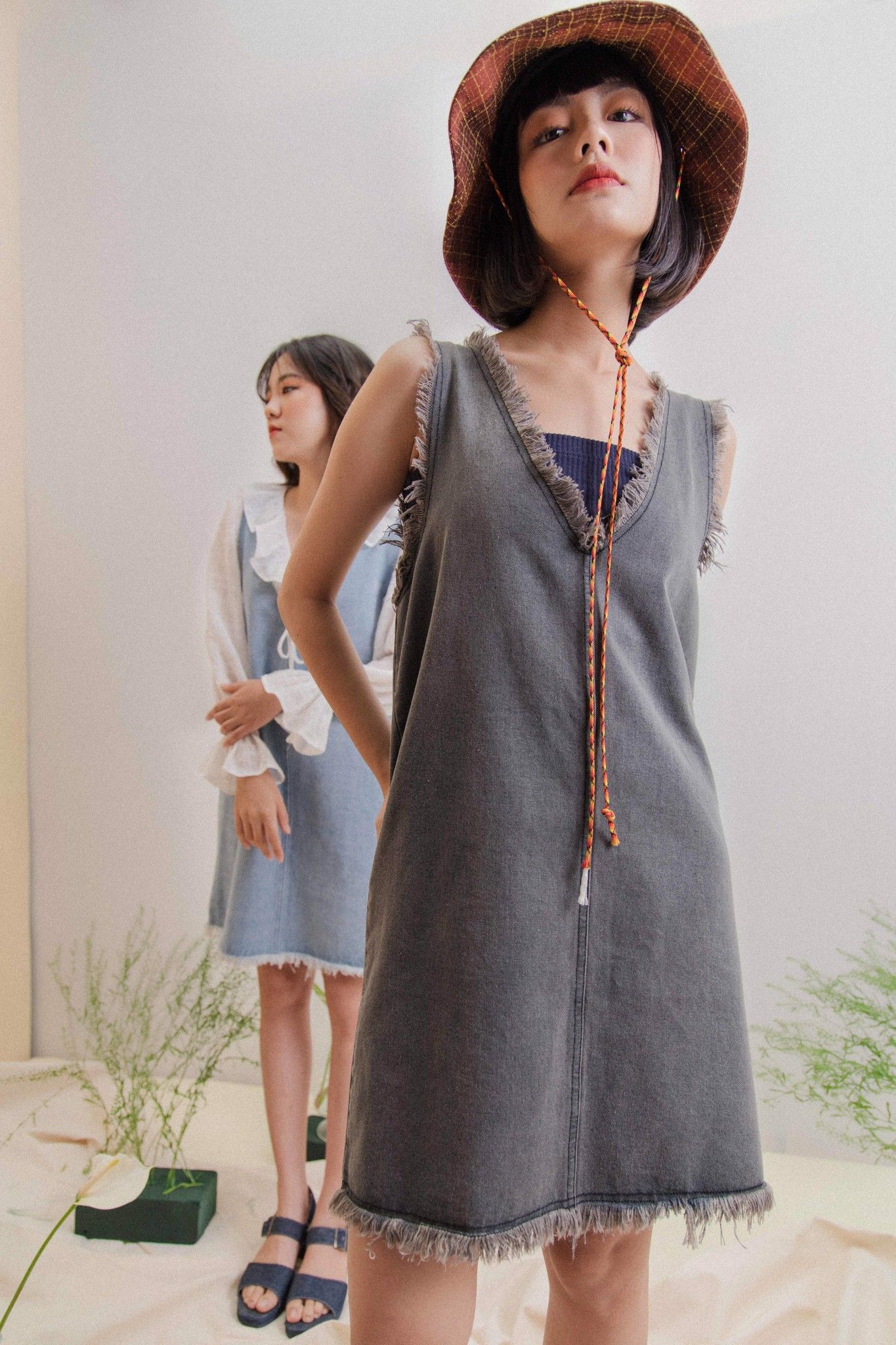 V-neck Denim Mini Dress - Grey