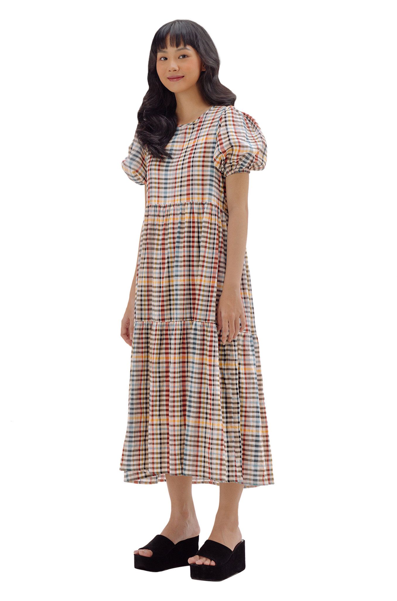 Checked Puff Sleeves Midi Dress