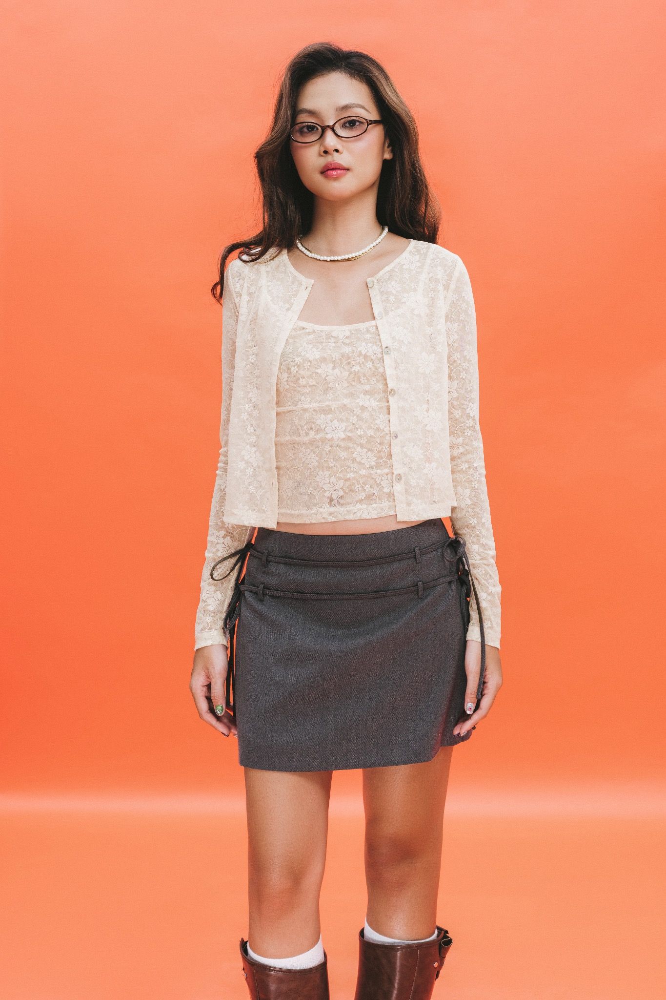 Neutral Grey Bow Belt Mini Skirt