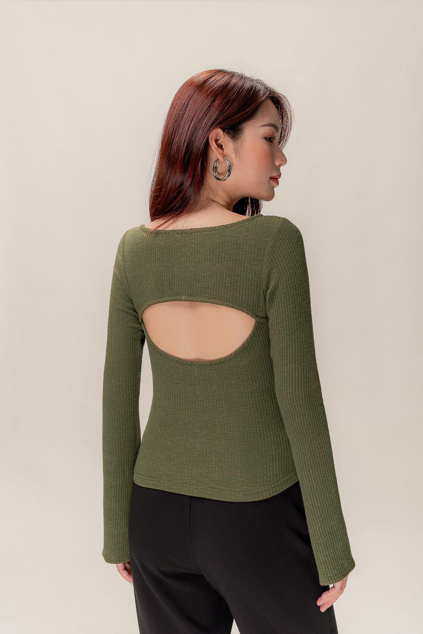  Olive Long Sleeve Cut Out Top 
