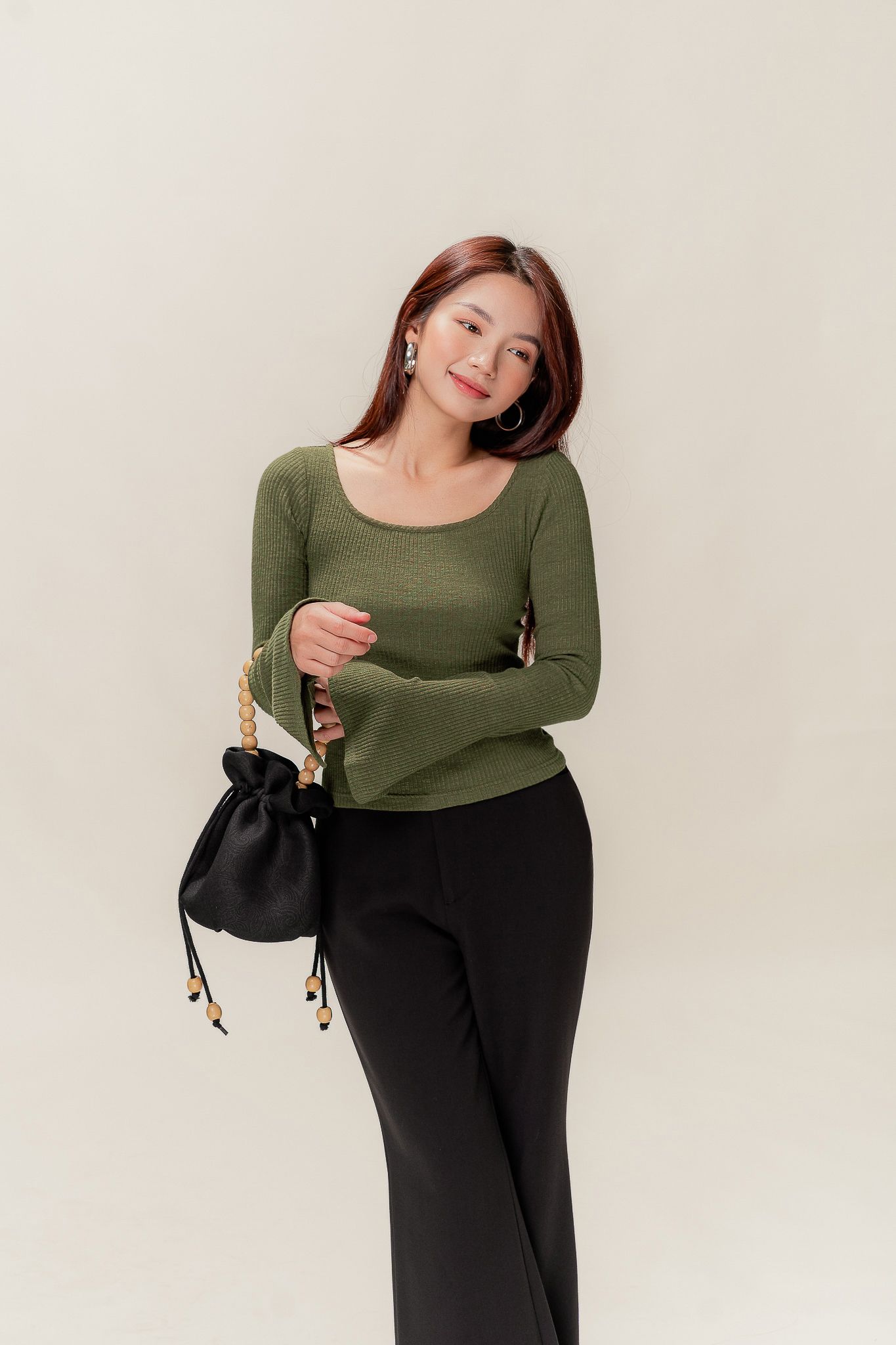  Olive Long Sleeve Cut Out Top 