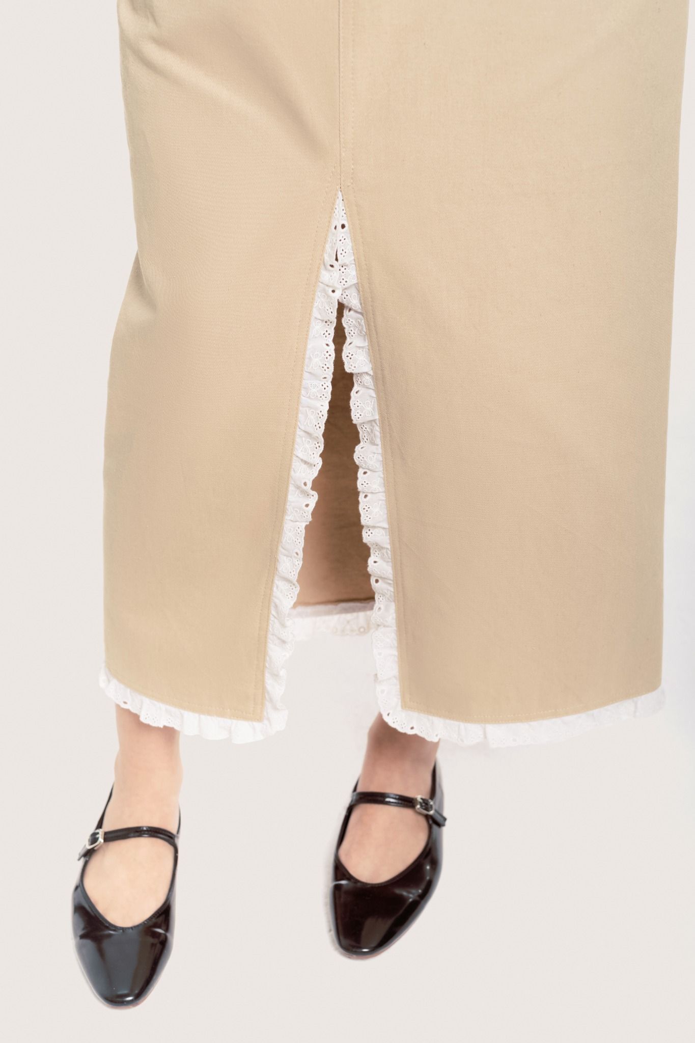 Beige Lace Trimming Khaki Midi Skirt